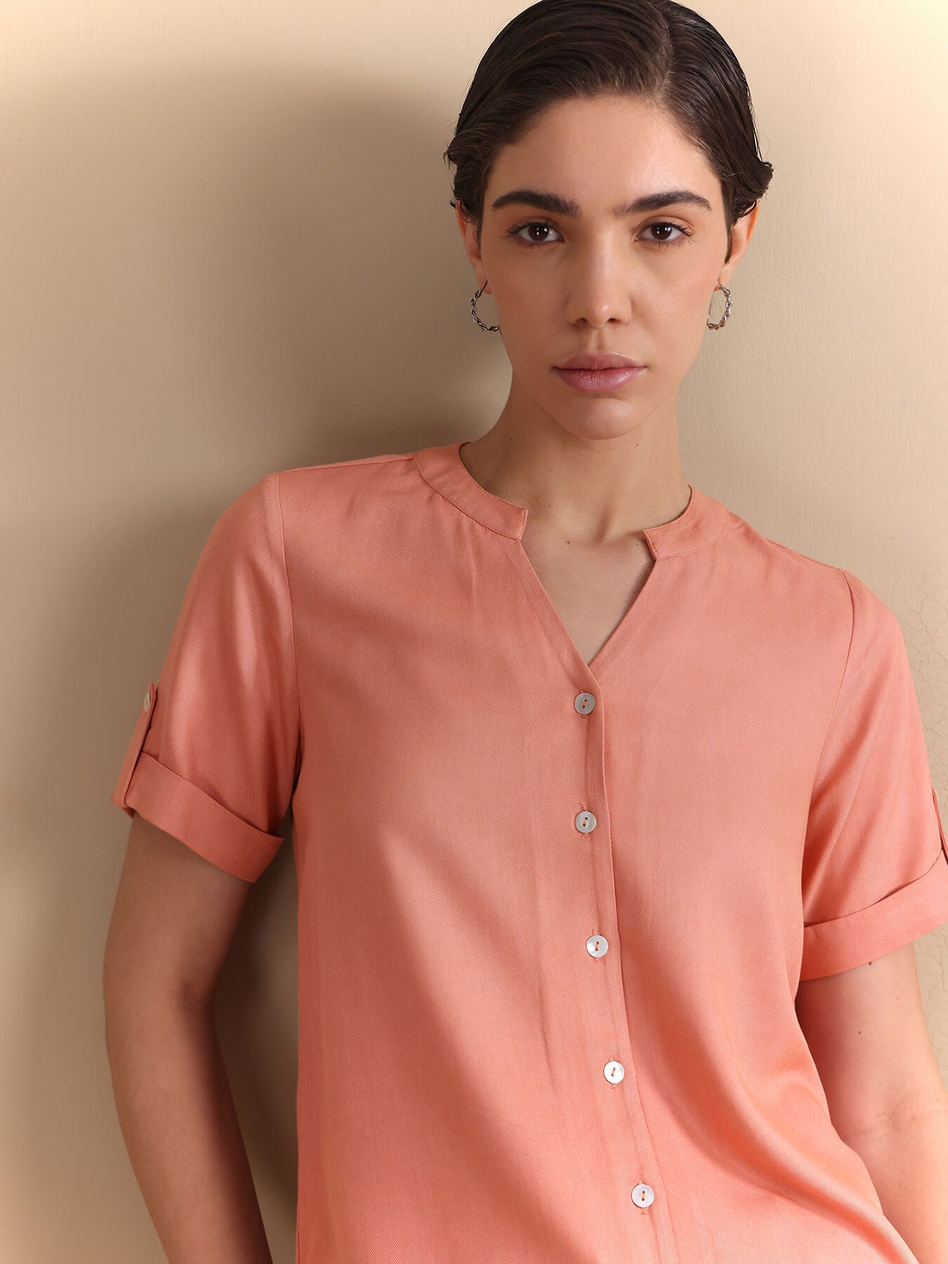 Mandarin V-Neck Button-Down Top - Peach