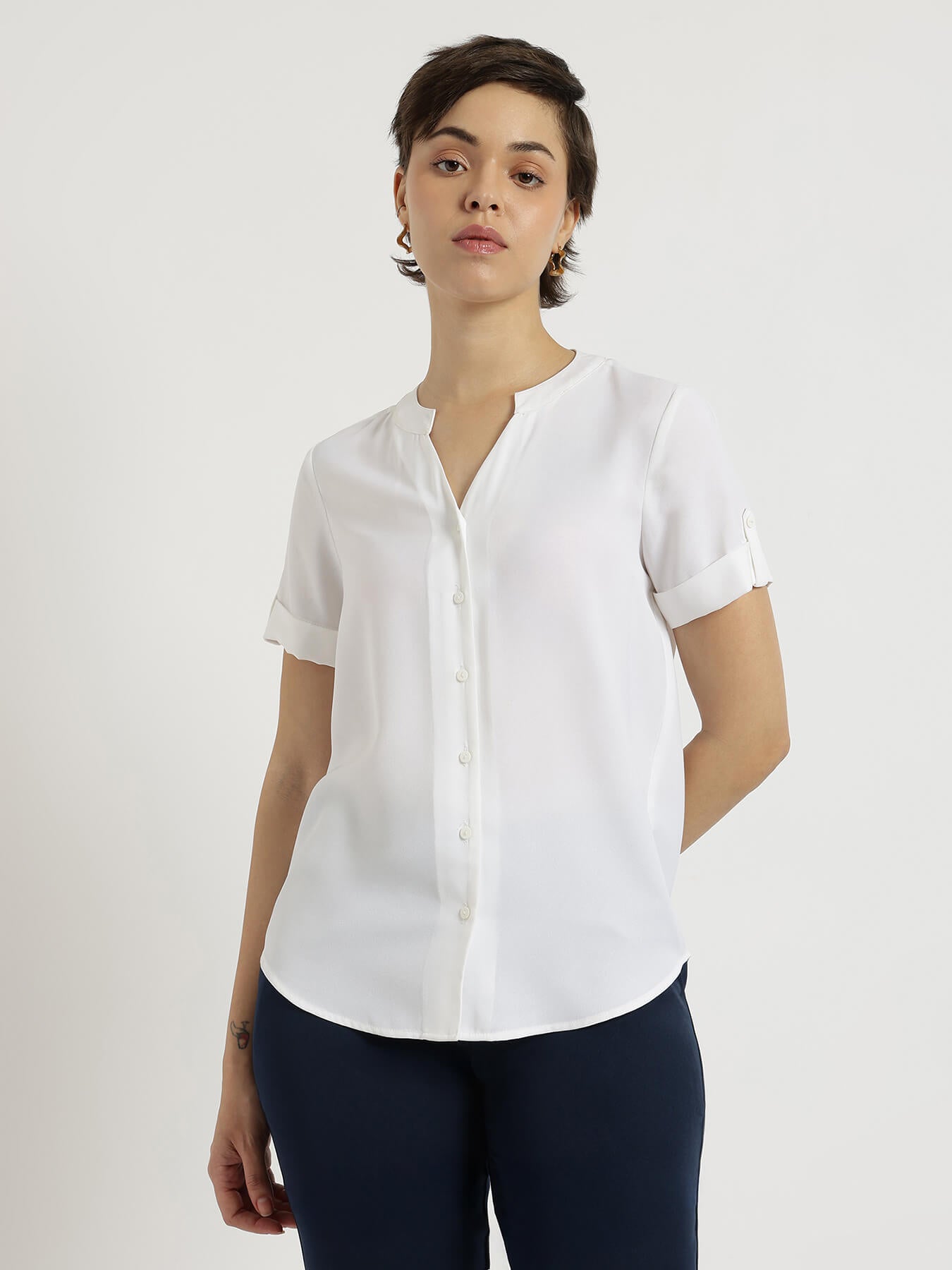 Mandarin V-Neck Top - White