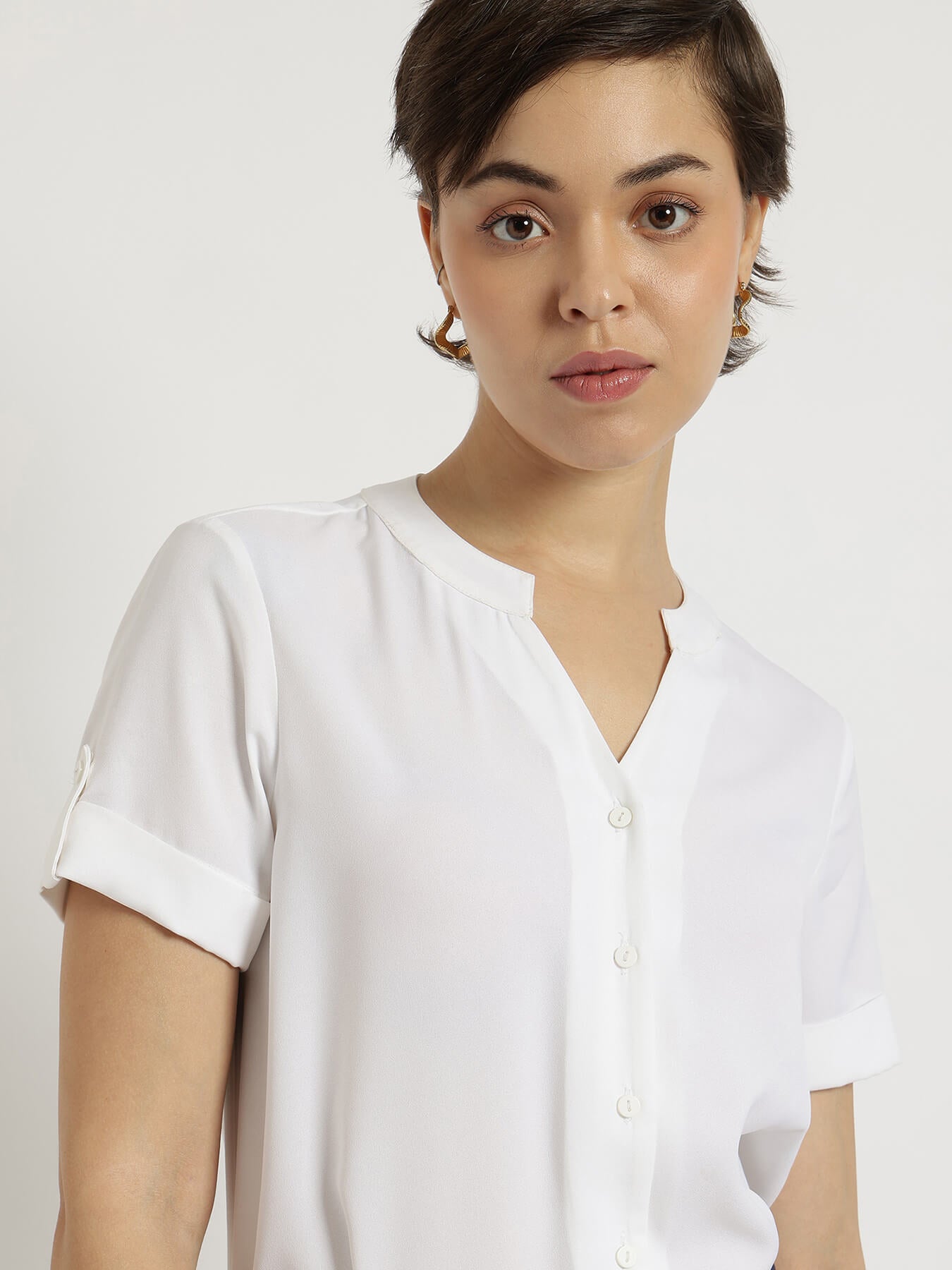 Mandarin V-Neck Top - White