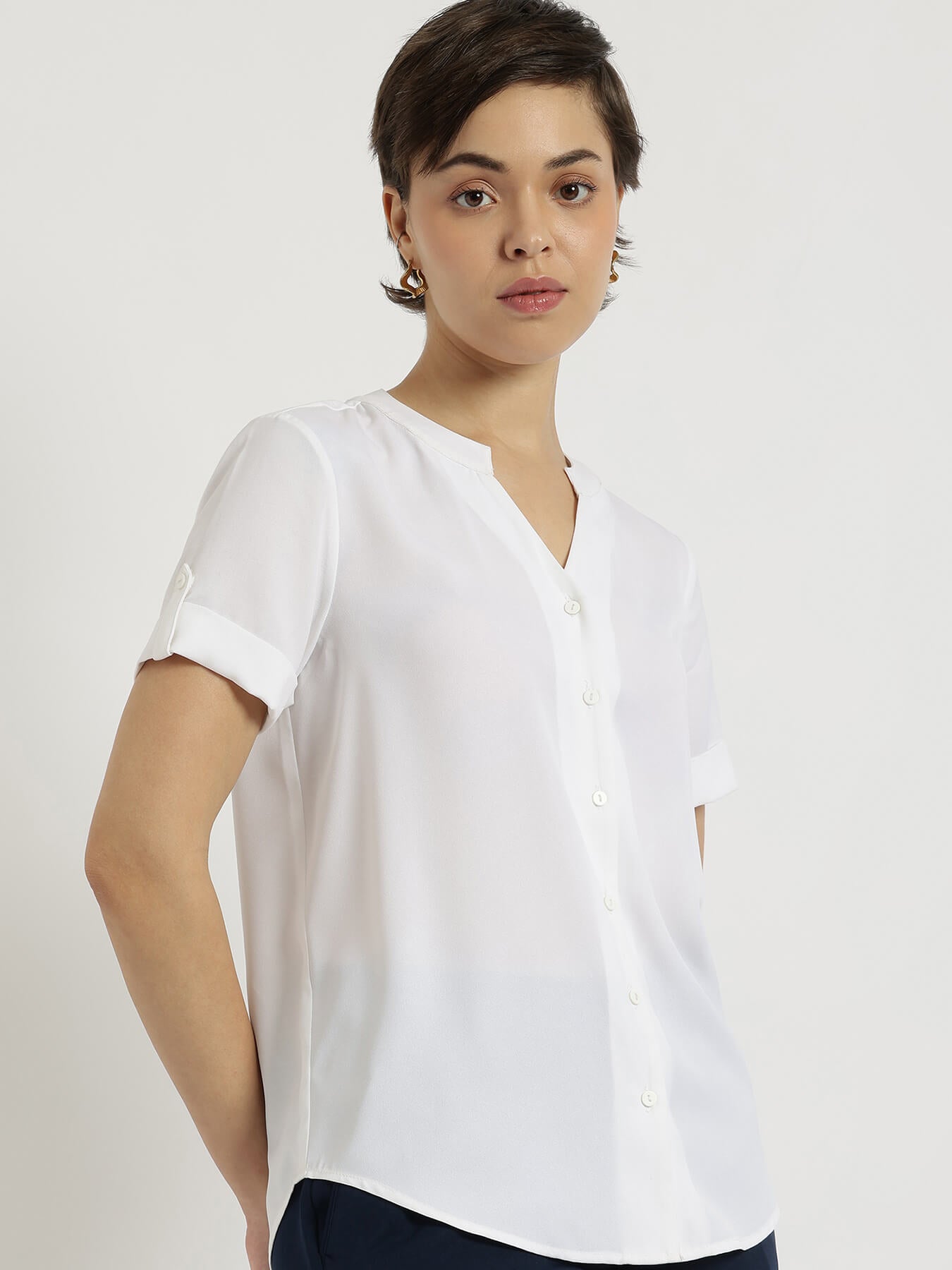 Mandarin V-Neck Top - White