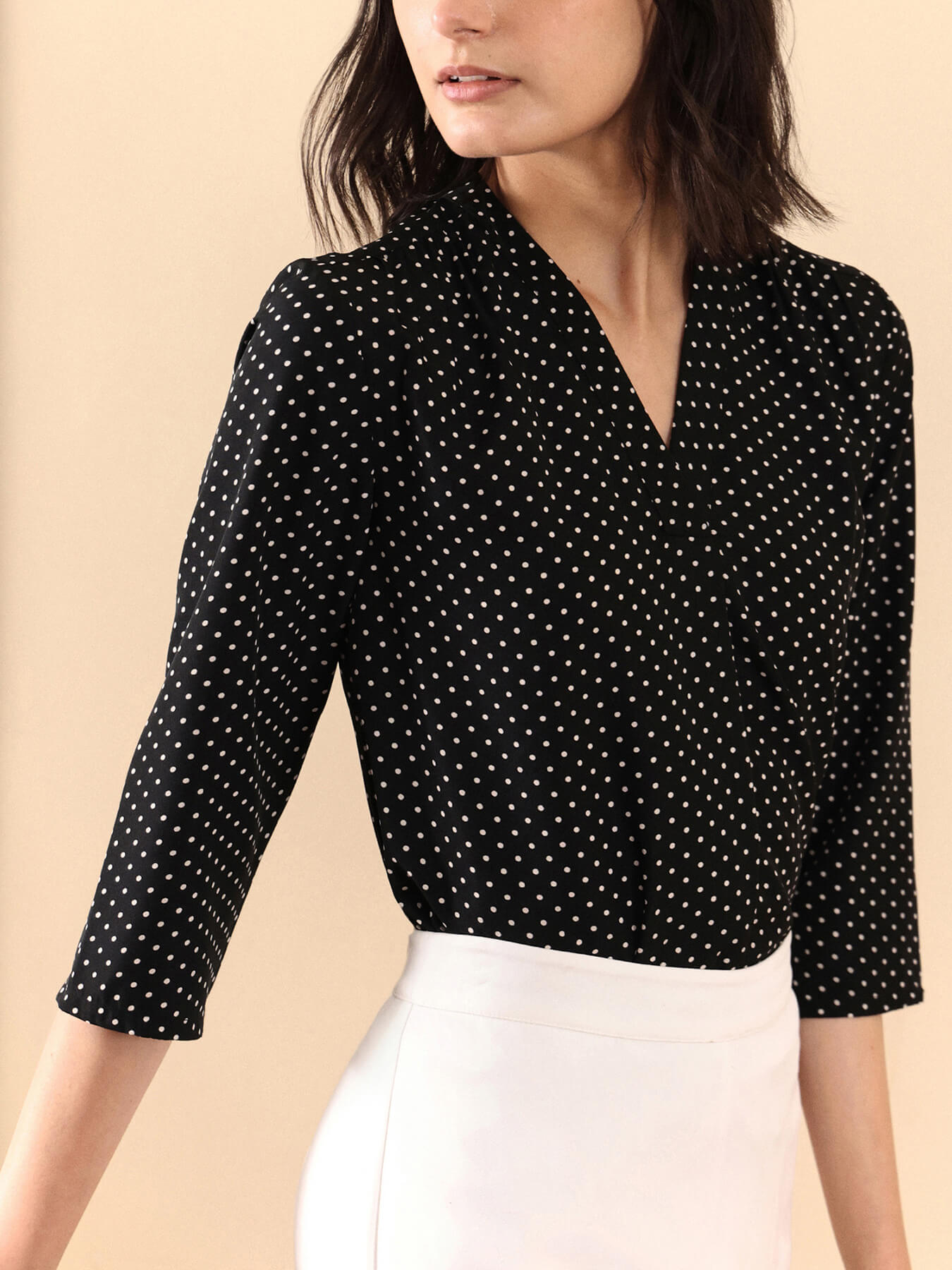 V Neck Polka Dot Top - Black and White