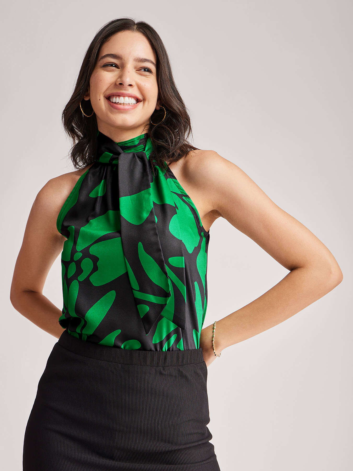 Floral Print Band Neck Top - Black And Green
