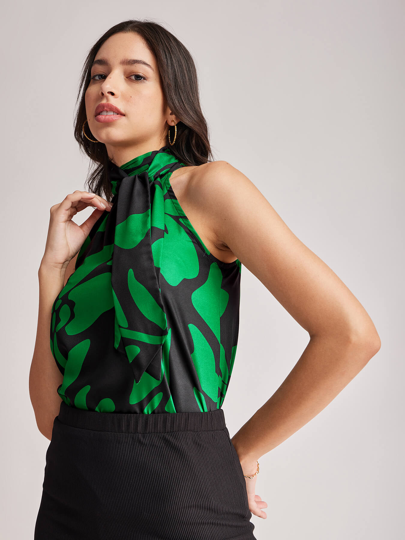 Floral Print Band Neck Top - Black And Green