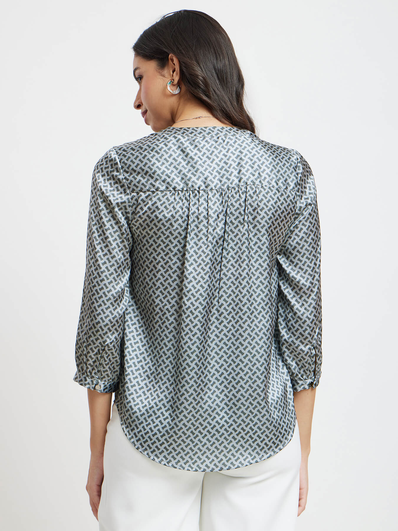 V Neck Geometric Print Top - Grey