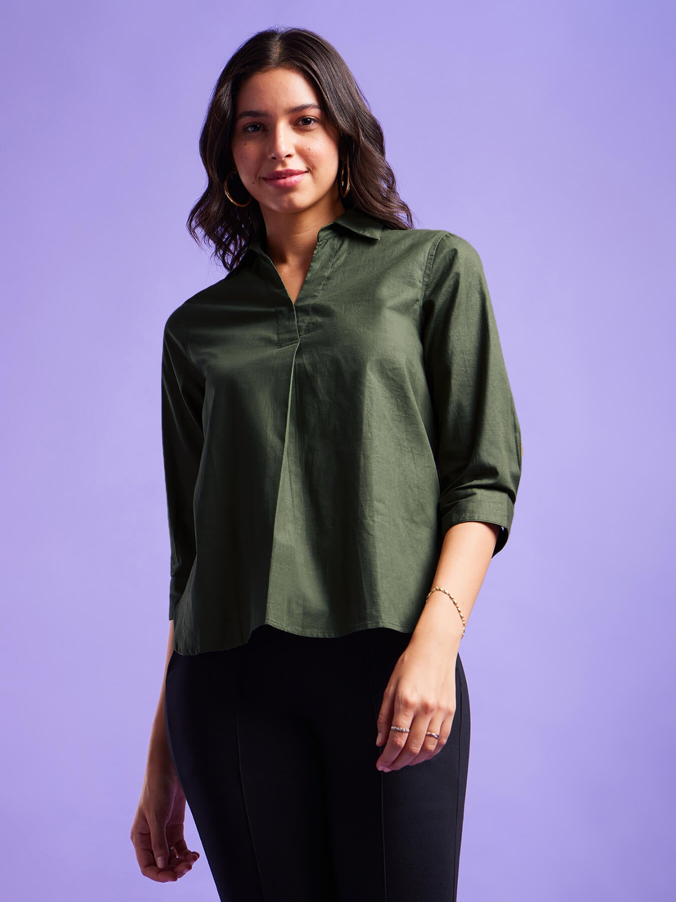 Cotton Front Pleat Detail Top - Olive