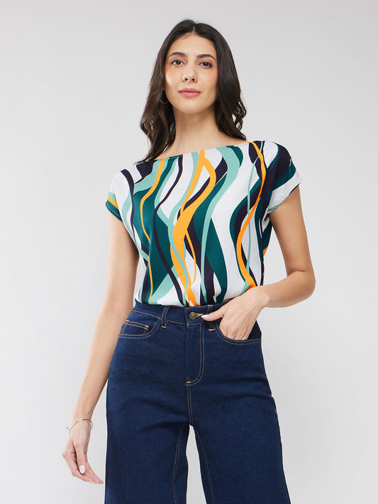 Boat Neck Abstract Print Top - Off White And Teal