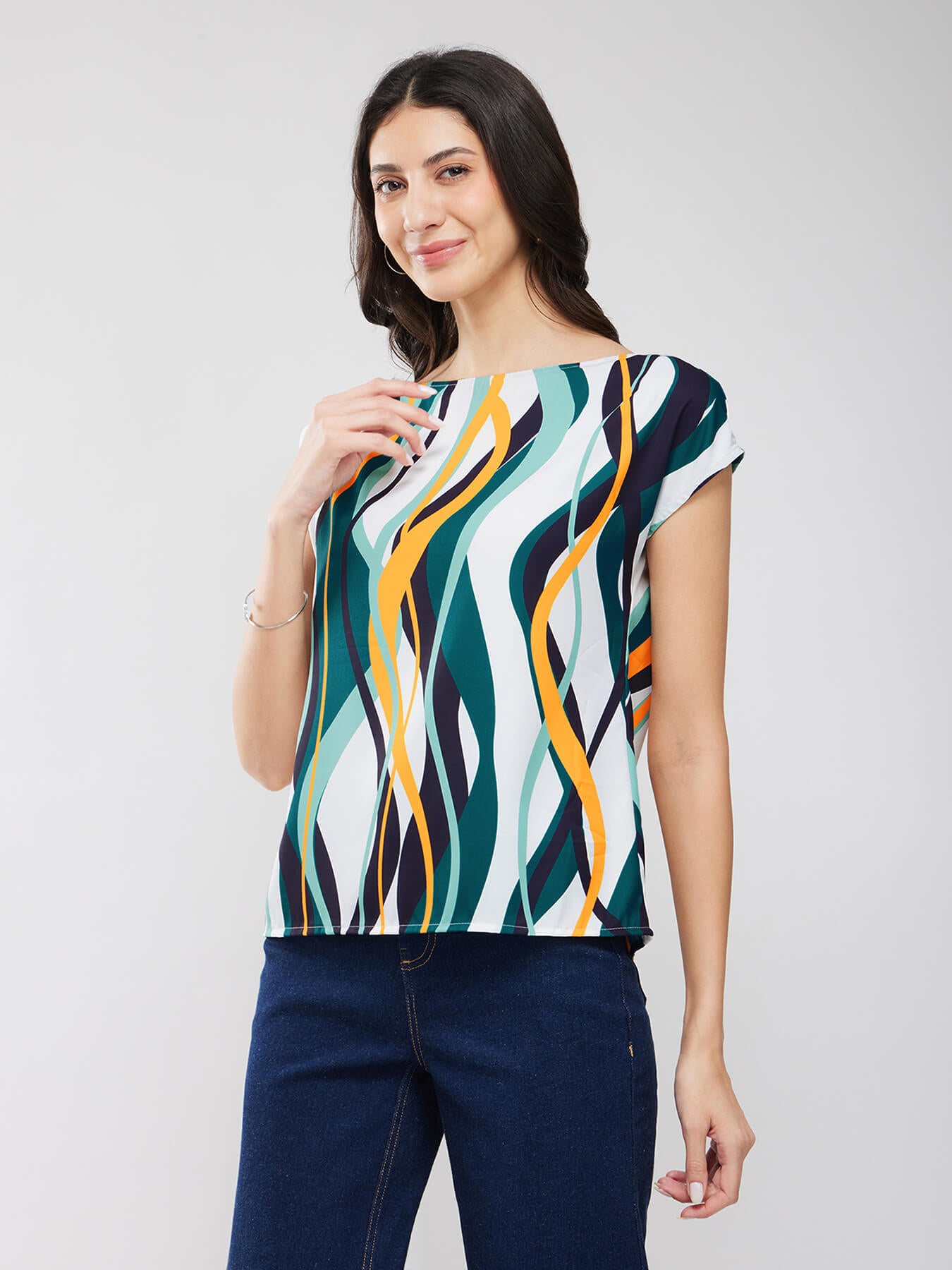 Boat Neck Abstract Print Top - Off White And Teal