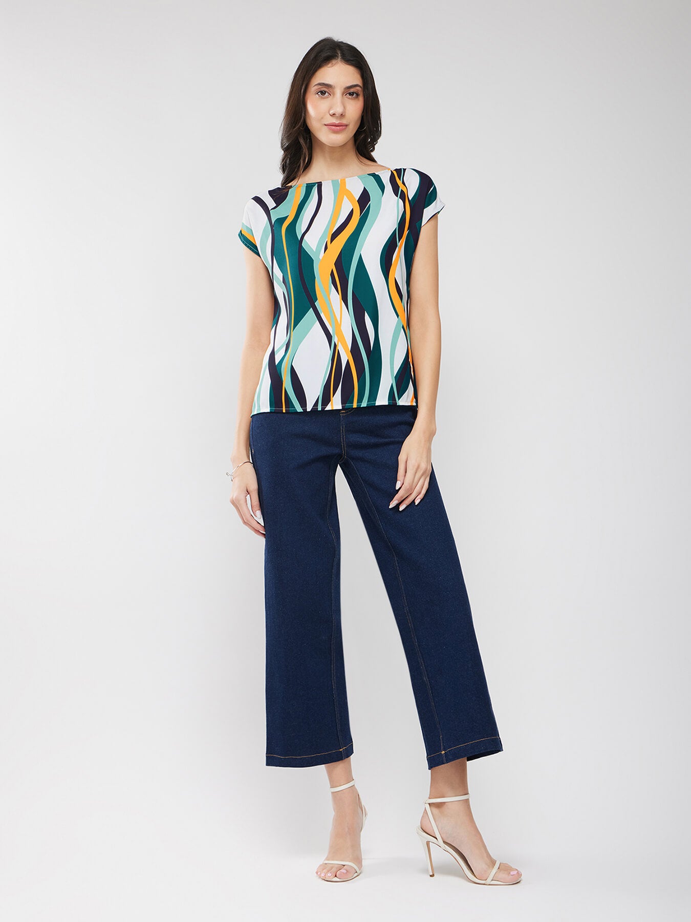 Boat Neck Abstract Print Top - Off White And Teal