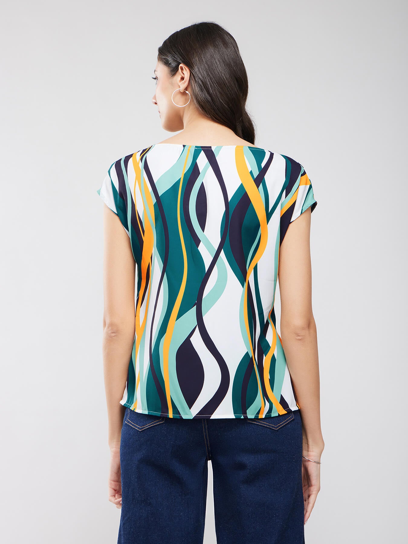Boat Neck Abstract Print Top - Off White And Teal