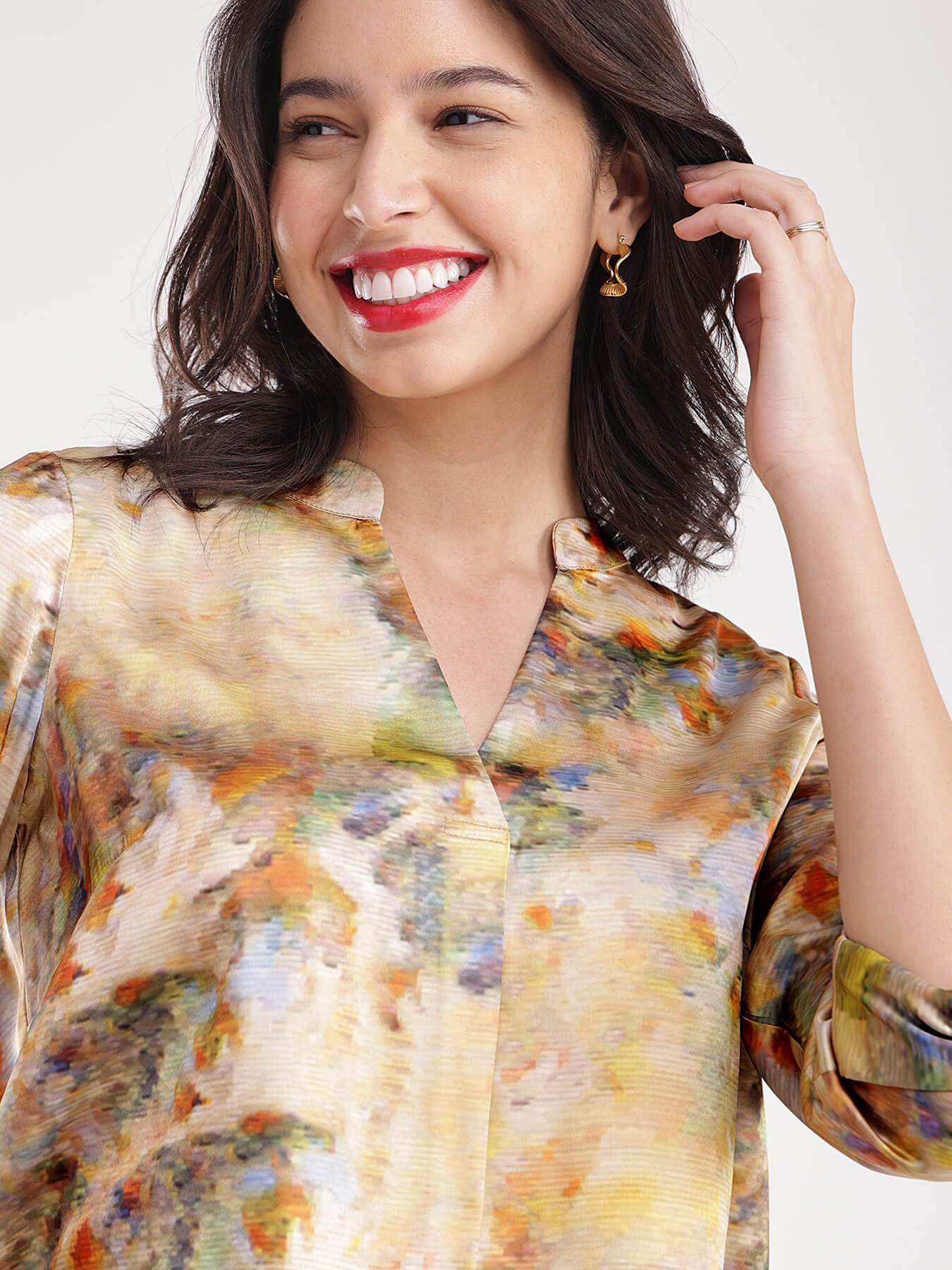 Satin Floral Print Top - Beige