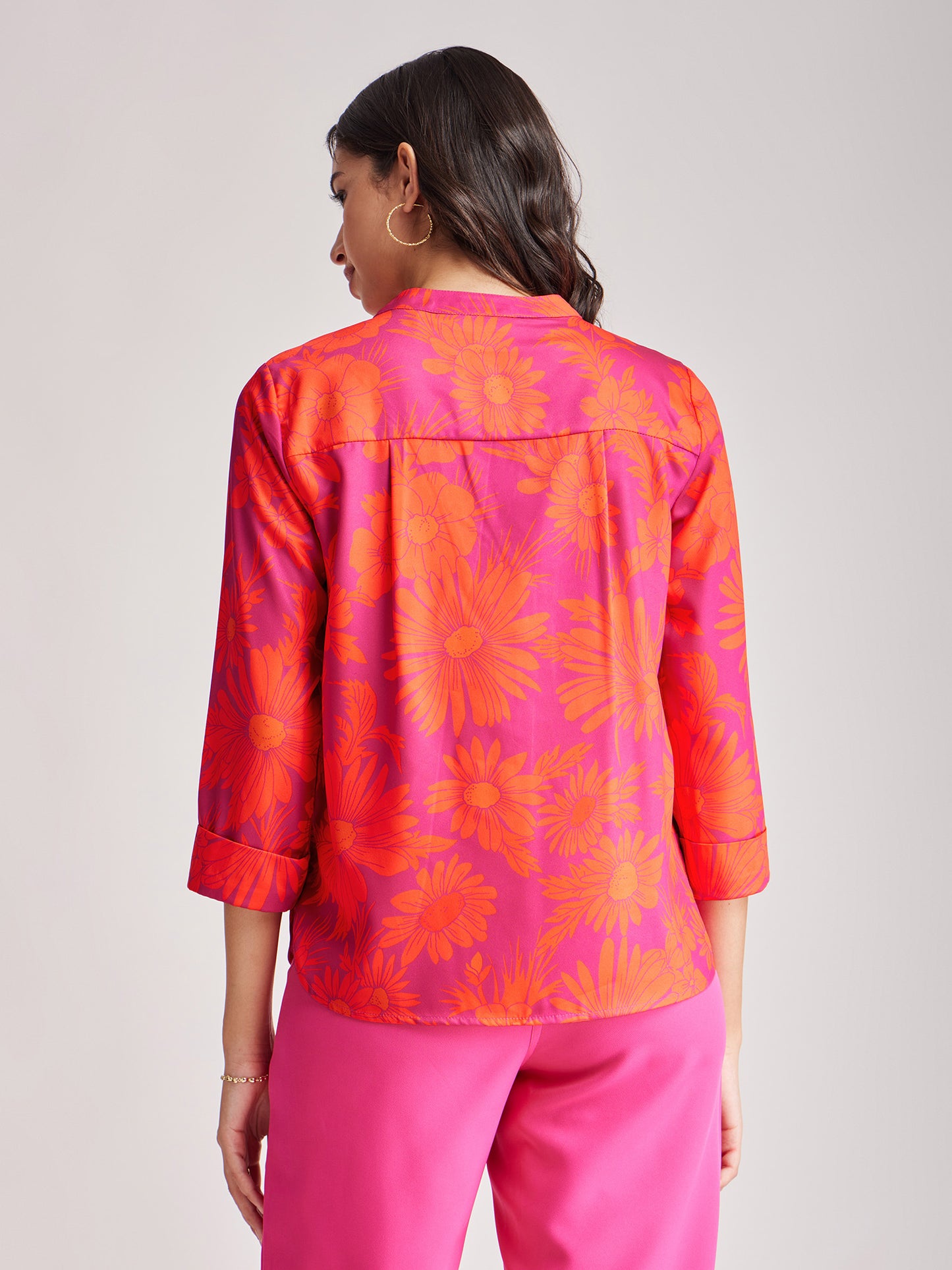Floral Pleat Detail Top - Fuchsia And Orange
