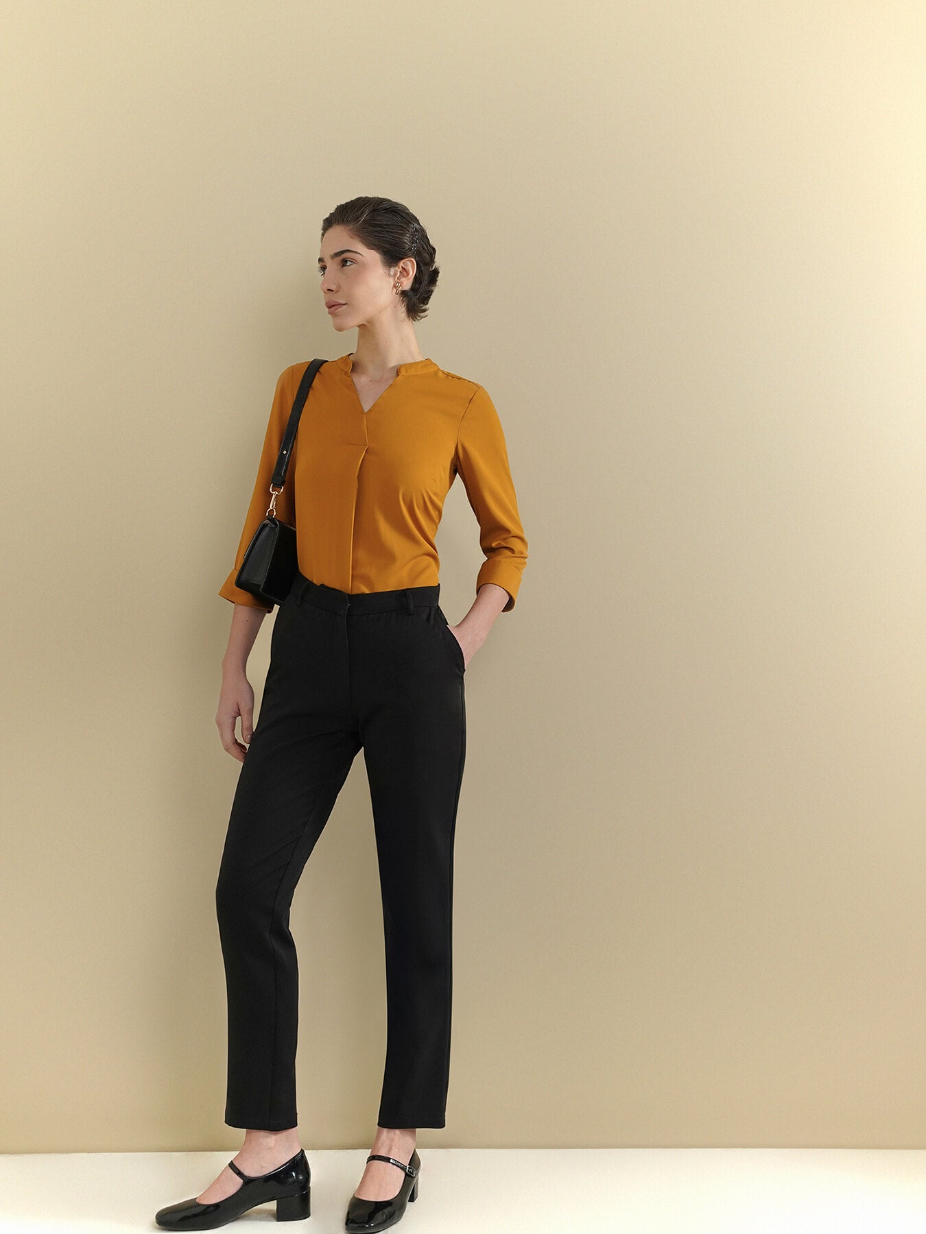 Mandarin V-Neck Top - Mustard