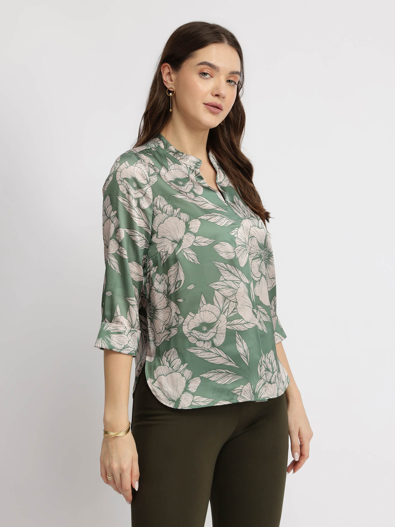 Satin Floral Top - Green