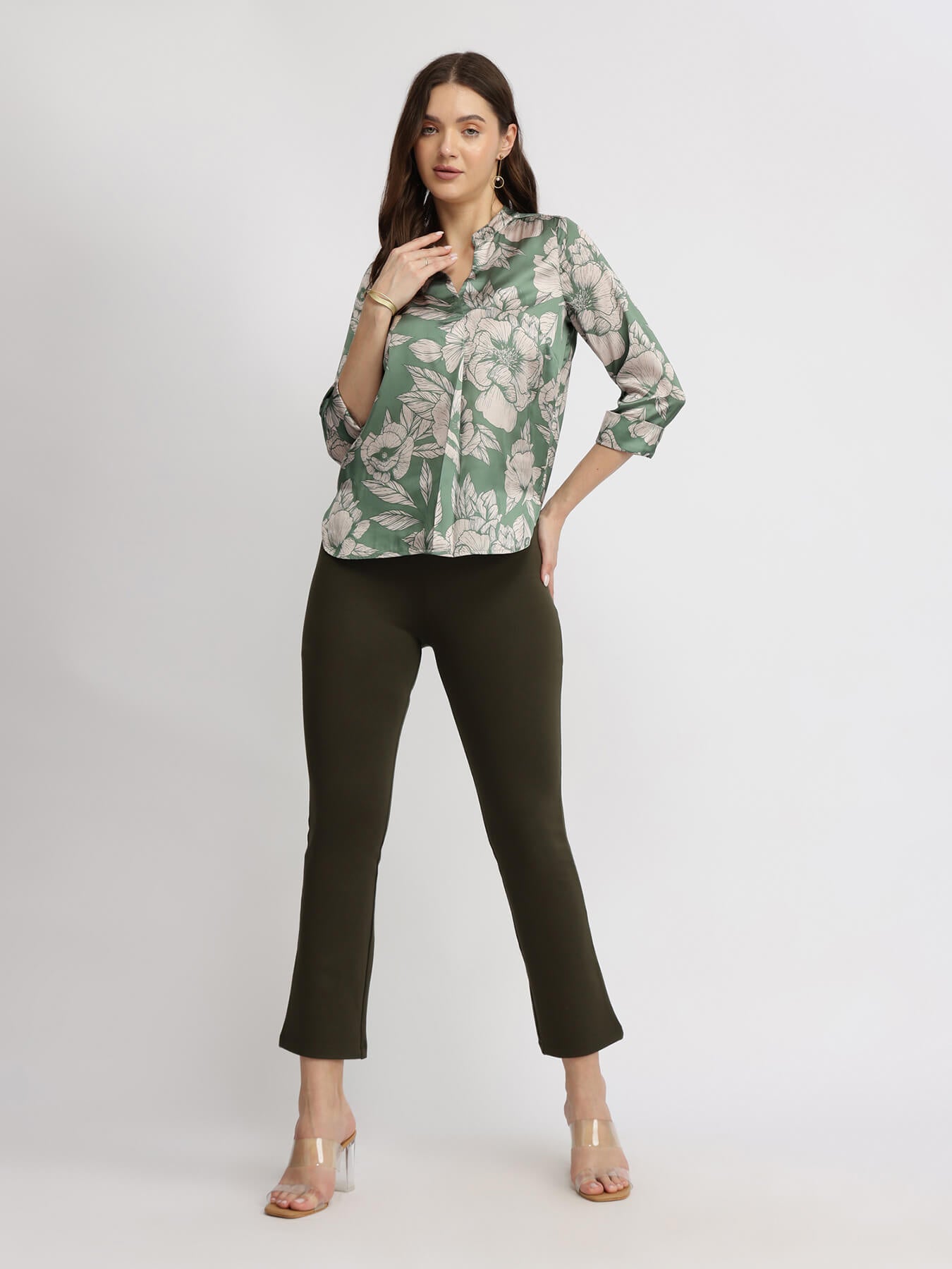 Satin Floral Top - Green