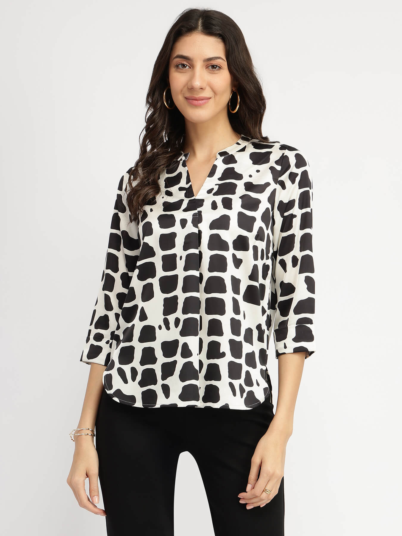 Satin Abstratct Print Top - Black and White