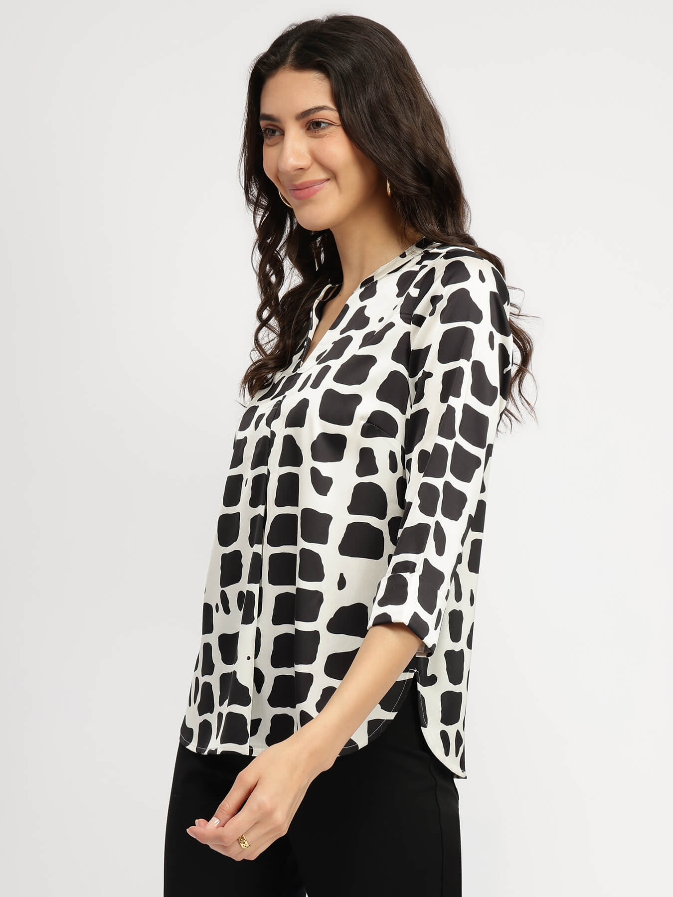 Satin Abstratct Print Top - Black and White
