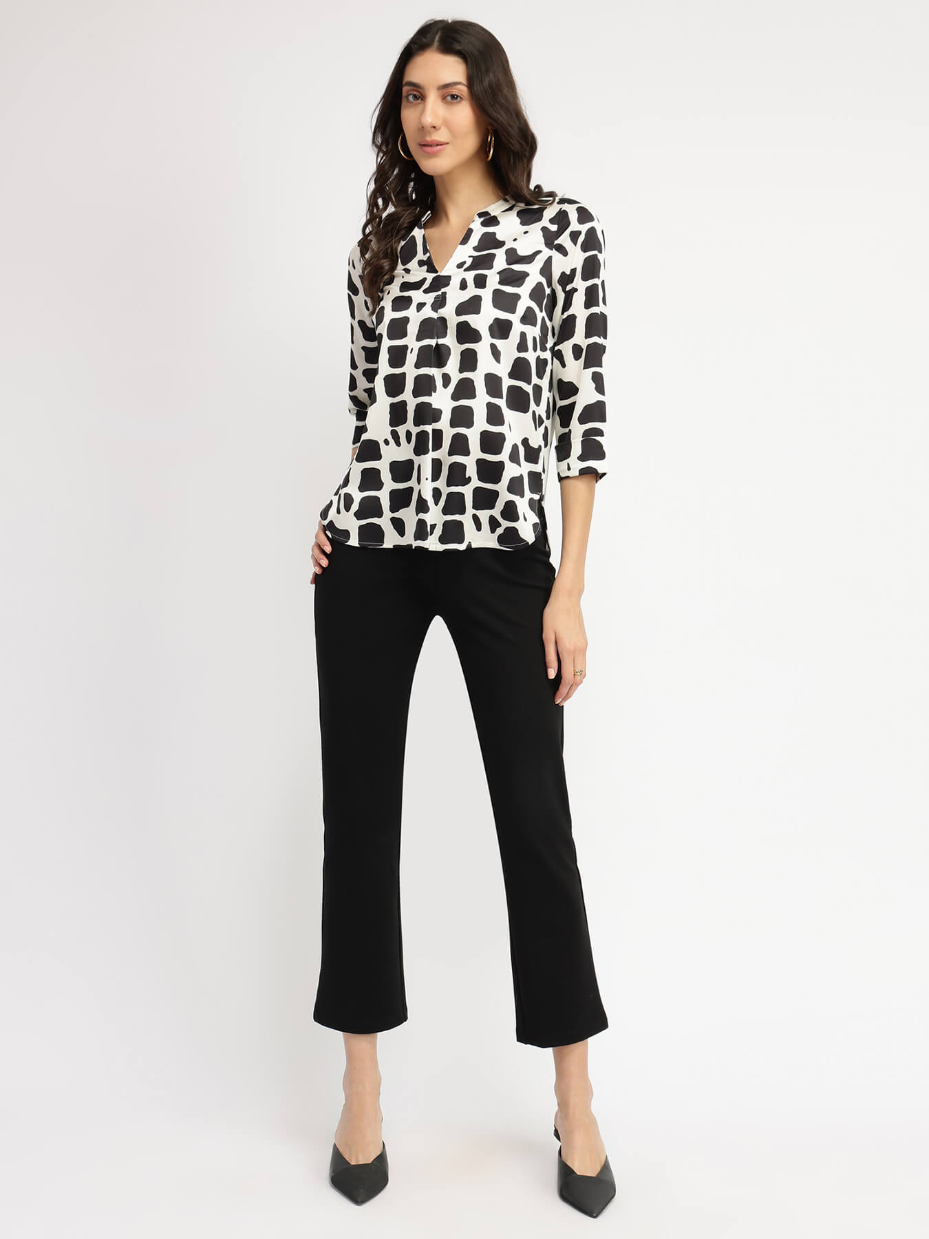Satin Abstratct Print Top - Black and White