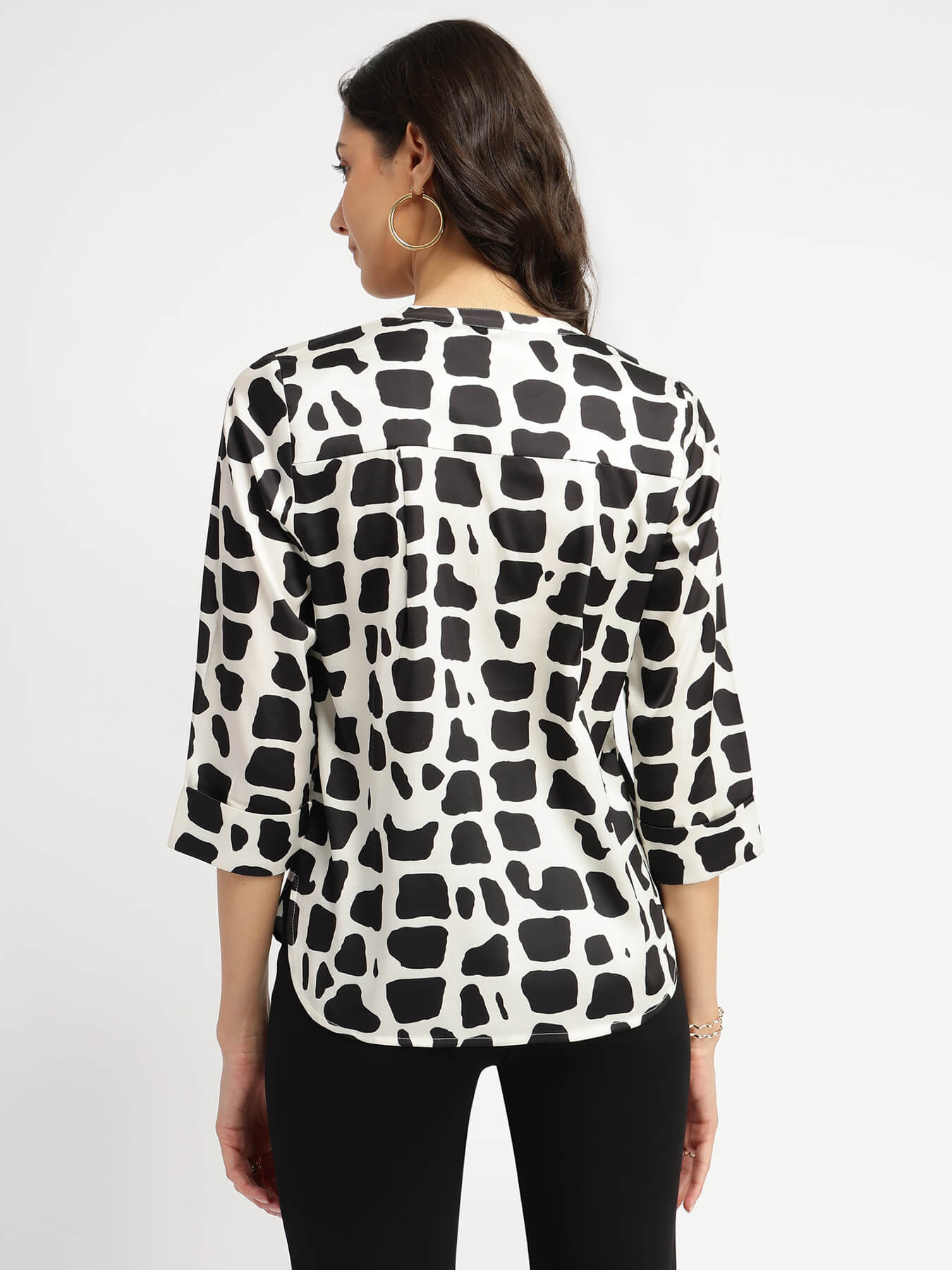 Satin Abstratct Print Top - Black and White
