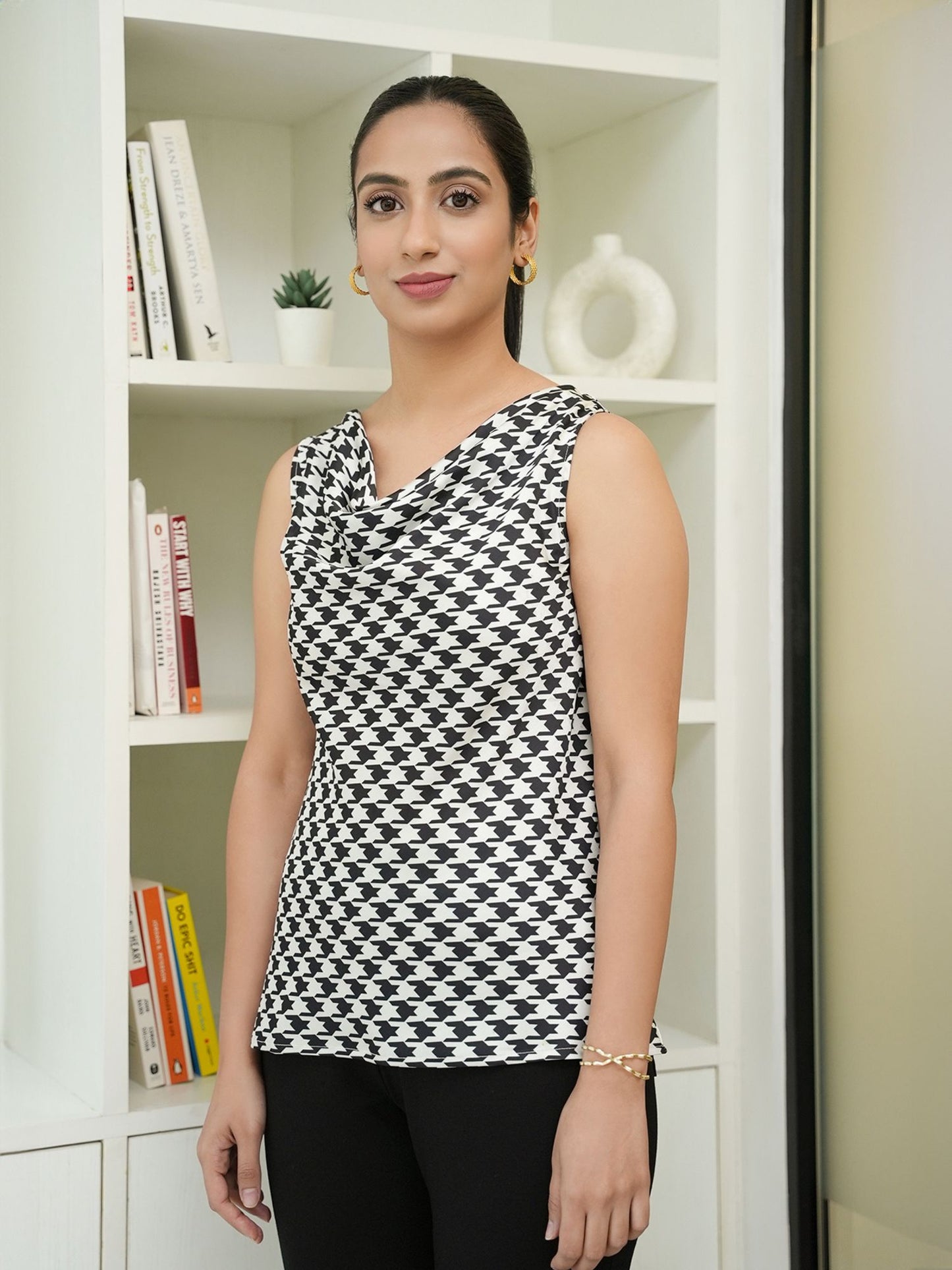 Cowl Neck Top - White And Black