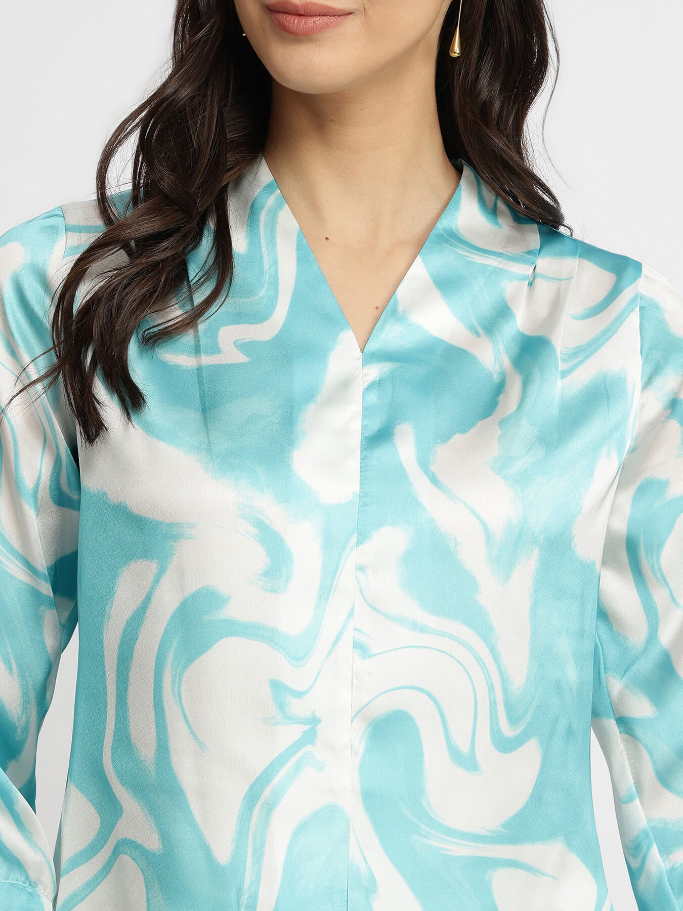 Satin Marble Print Top - Light Blue