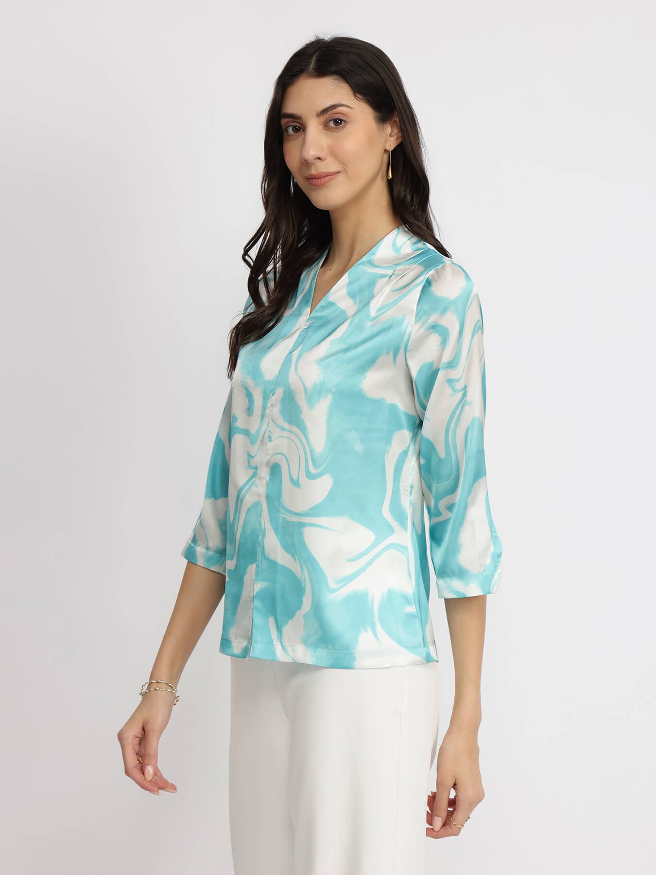Satin Marble Print Top - Light Blue