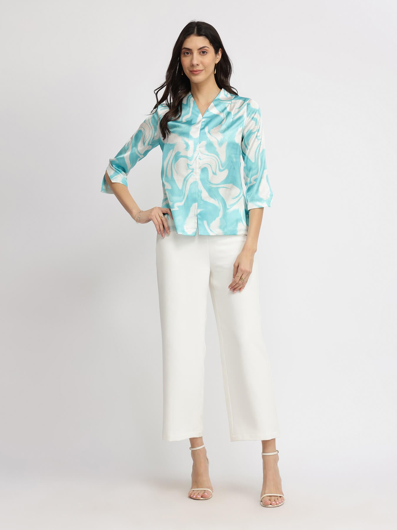Satin Marble Print Top - Light Blue