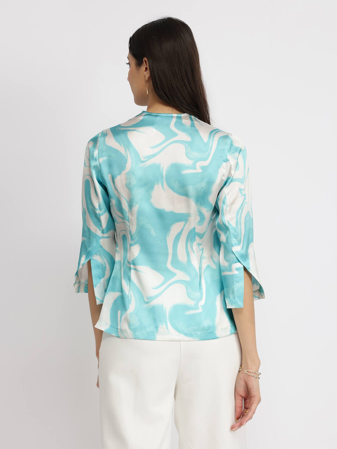Satin Marble Print Top - Light Blue