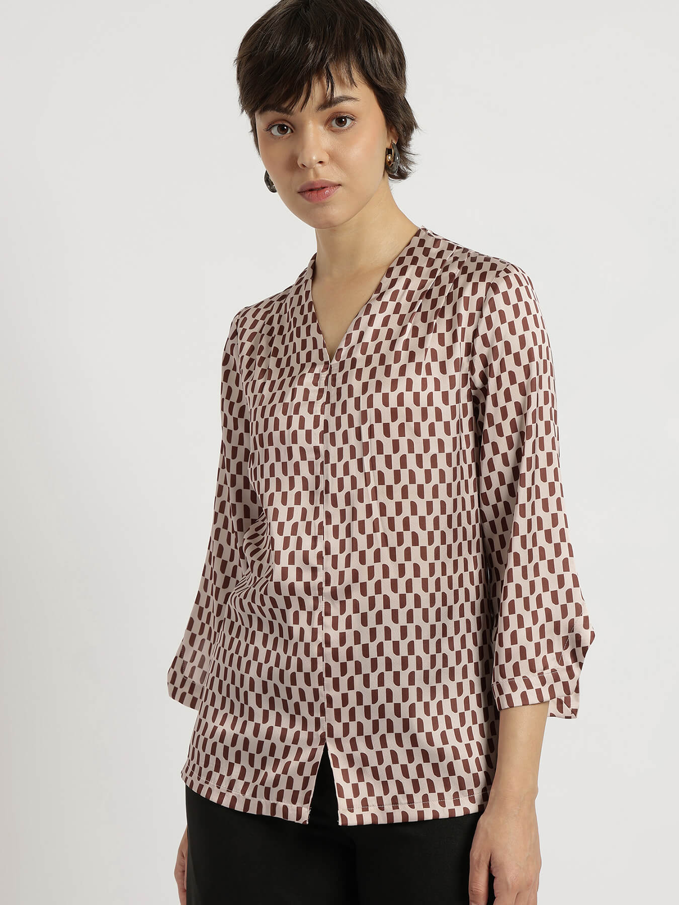 Satin Cutout Detail Top - Brown