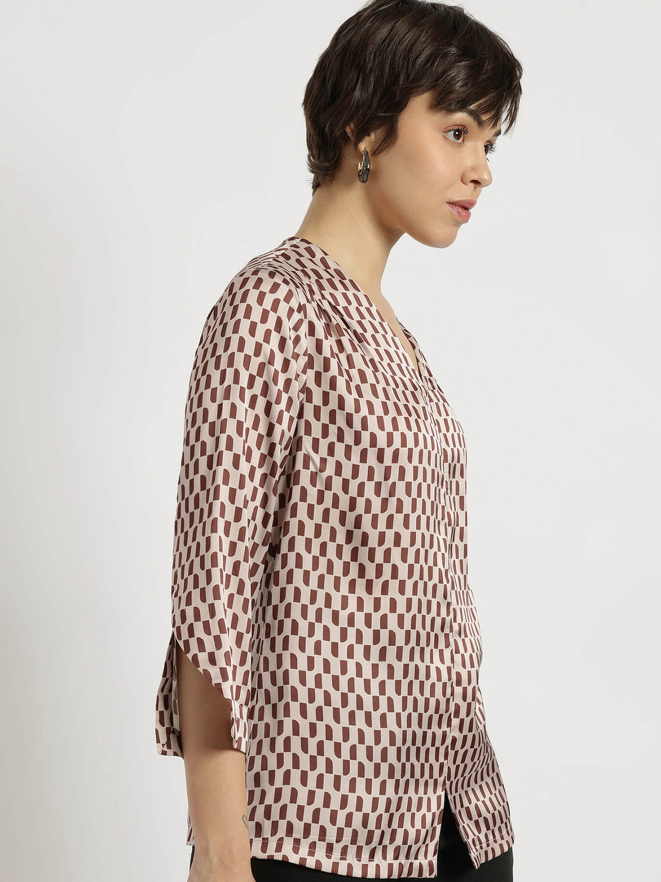 Satin Cutout Detail Top - Brown