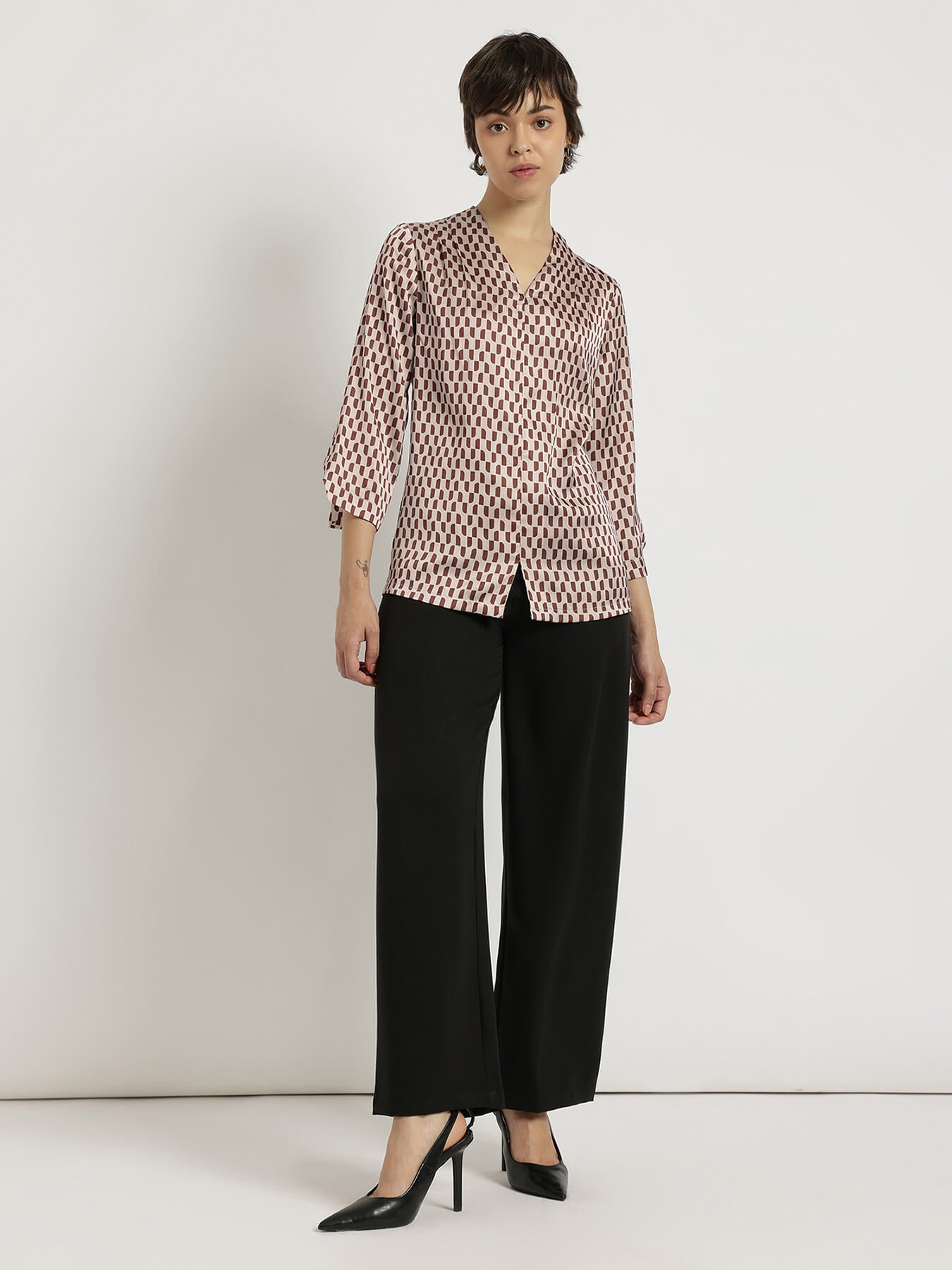 Satin Cutout Detail Top - Brown