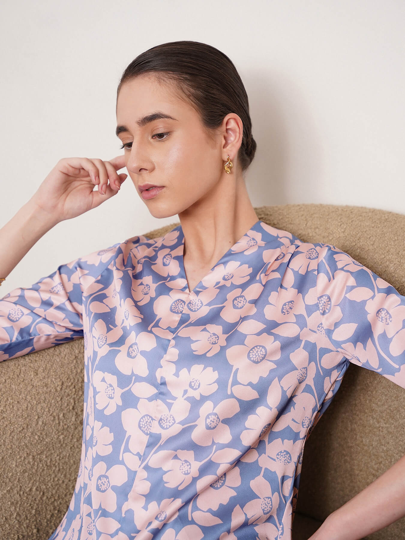 Satin Floral Top - Blue