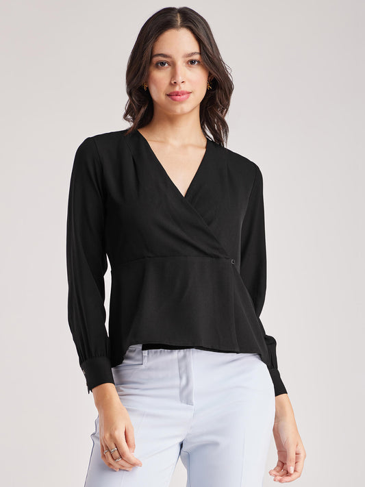 V Neck Wrap Top - Black