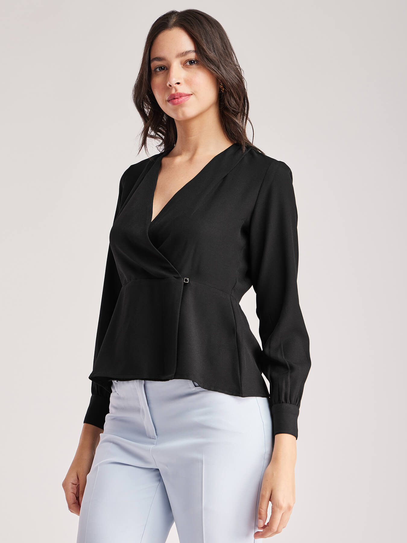 V Neck Wrap Top - Black