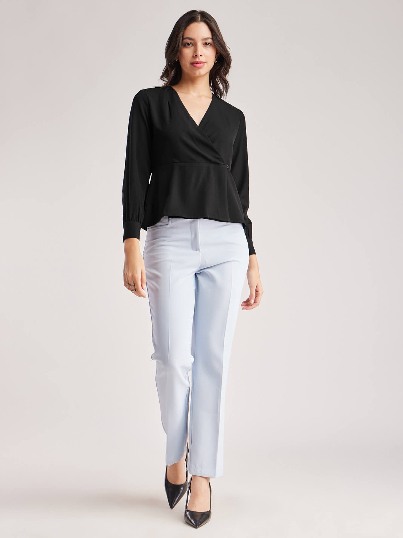 V Neck Wrap Top - Black