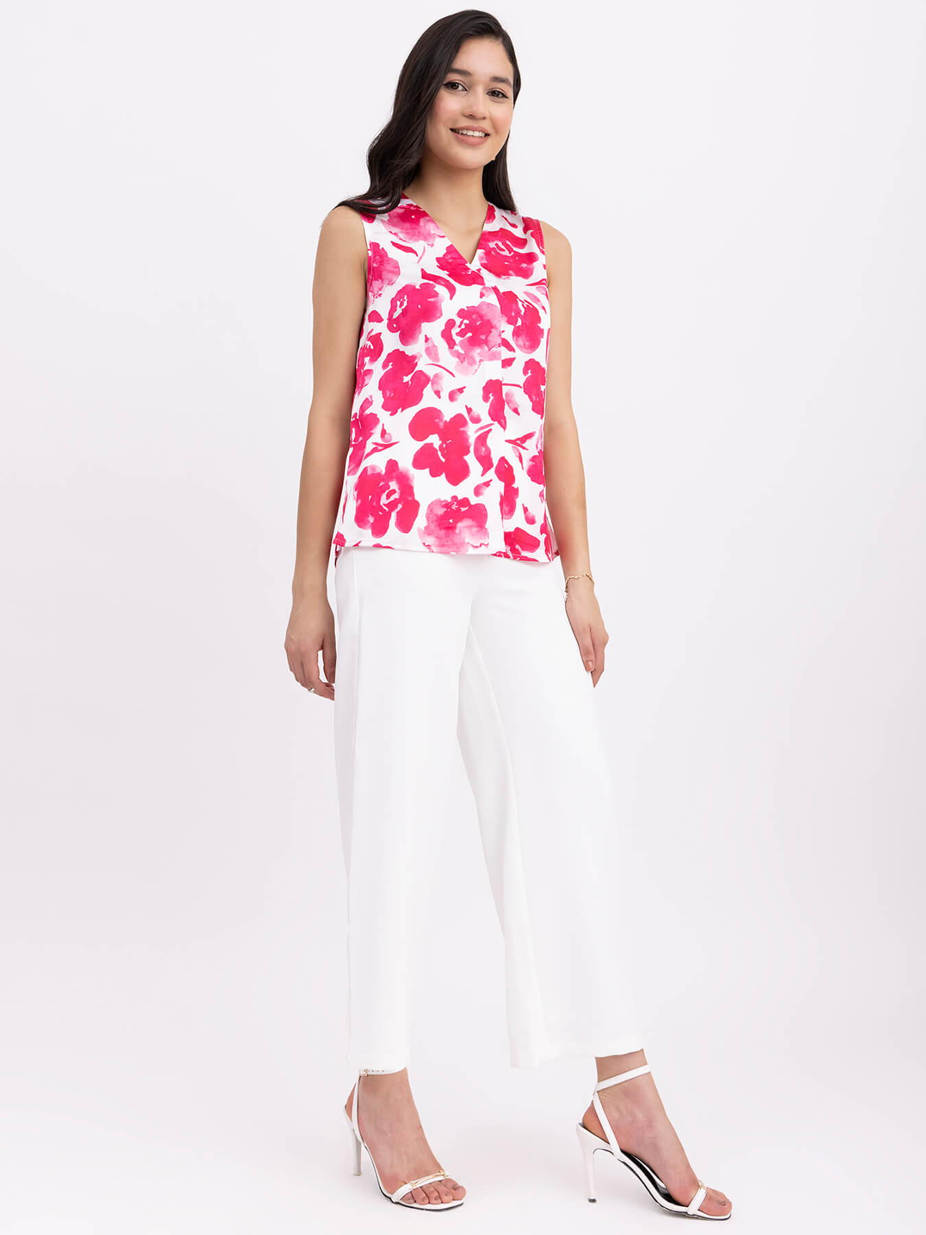 Satin Floral Print Top - White And Pink