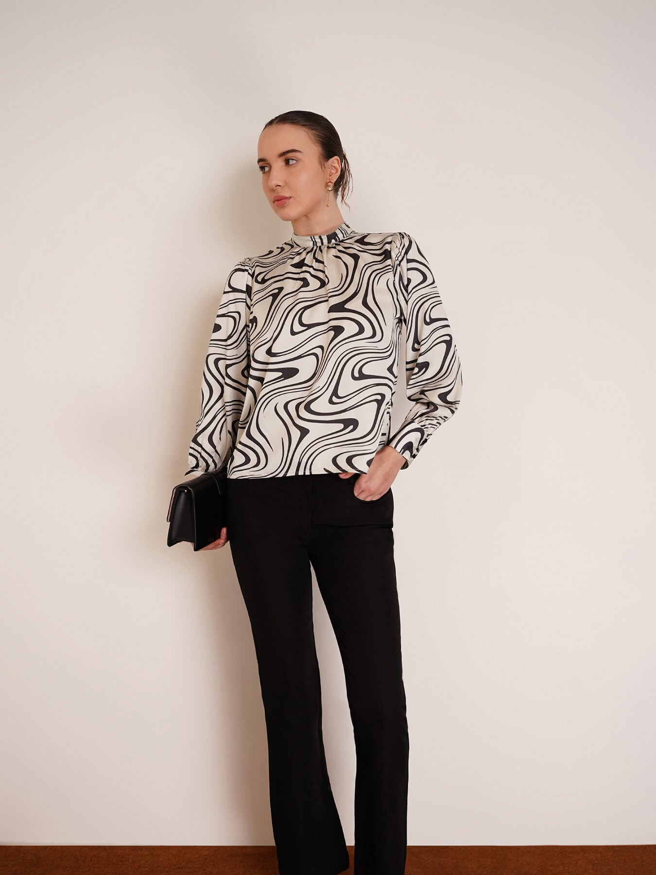 Satin Abstract Print Top - Beige And Black