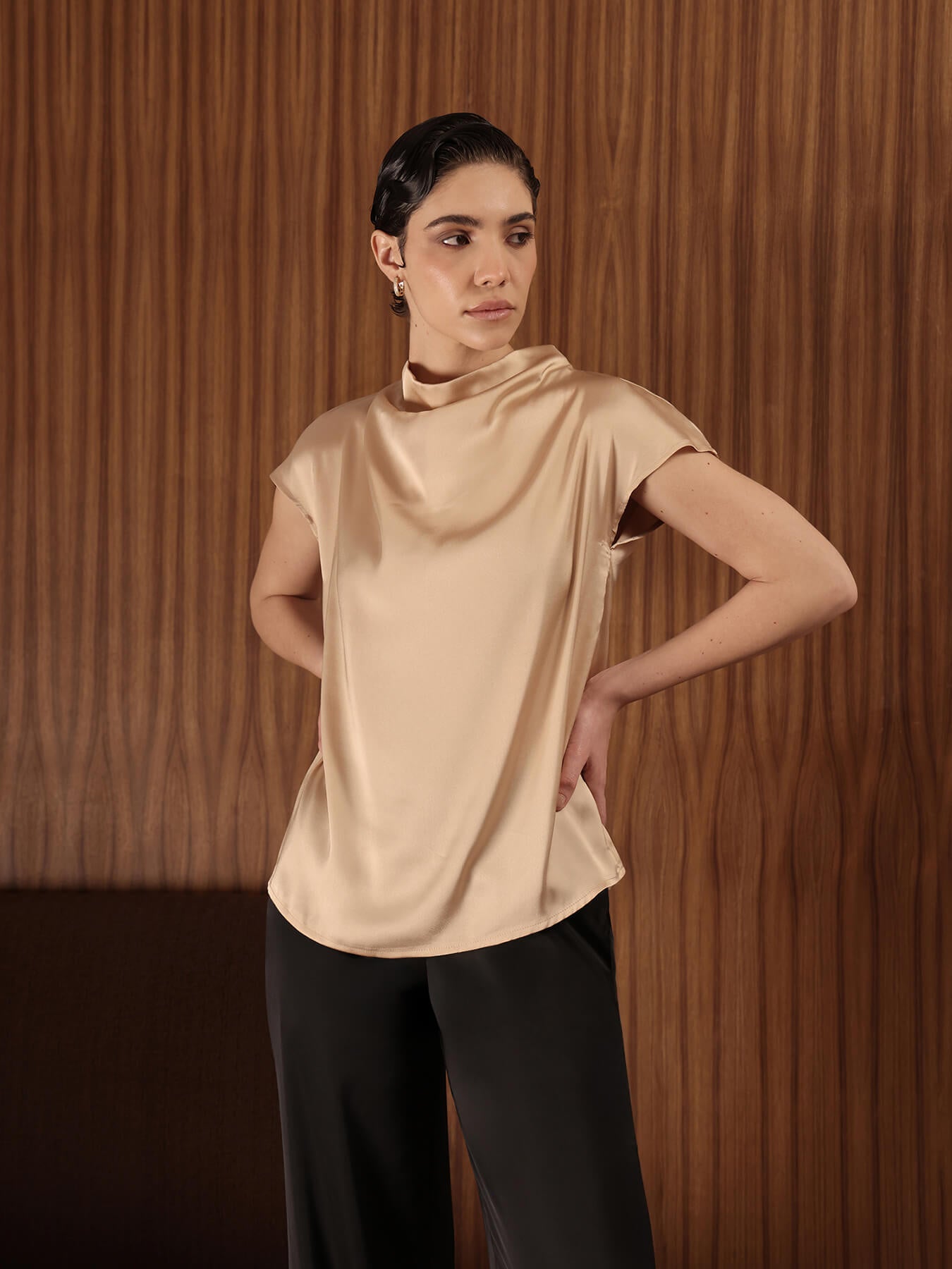 Satin Cowl Neck Top - Beige