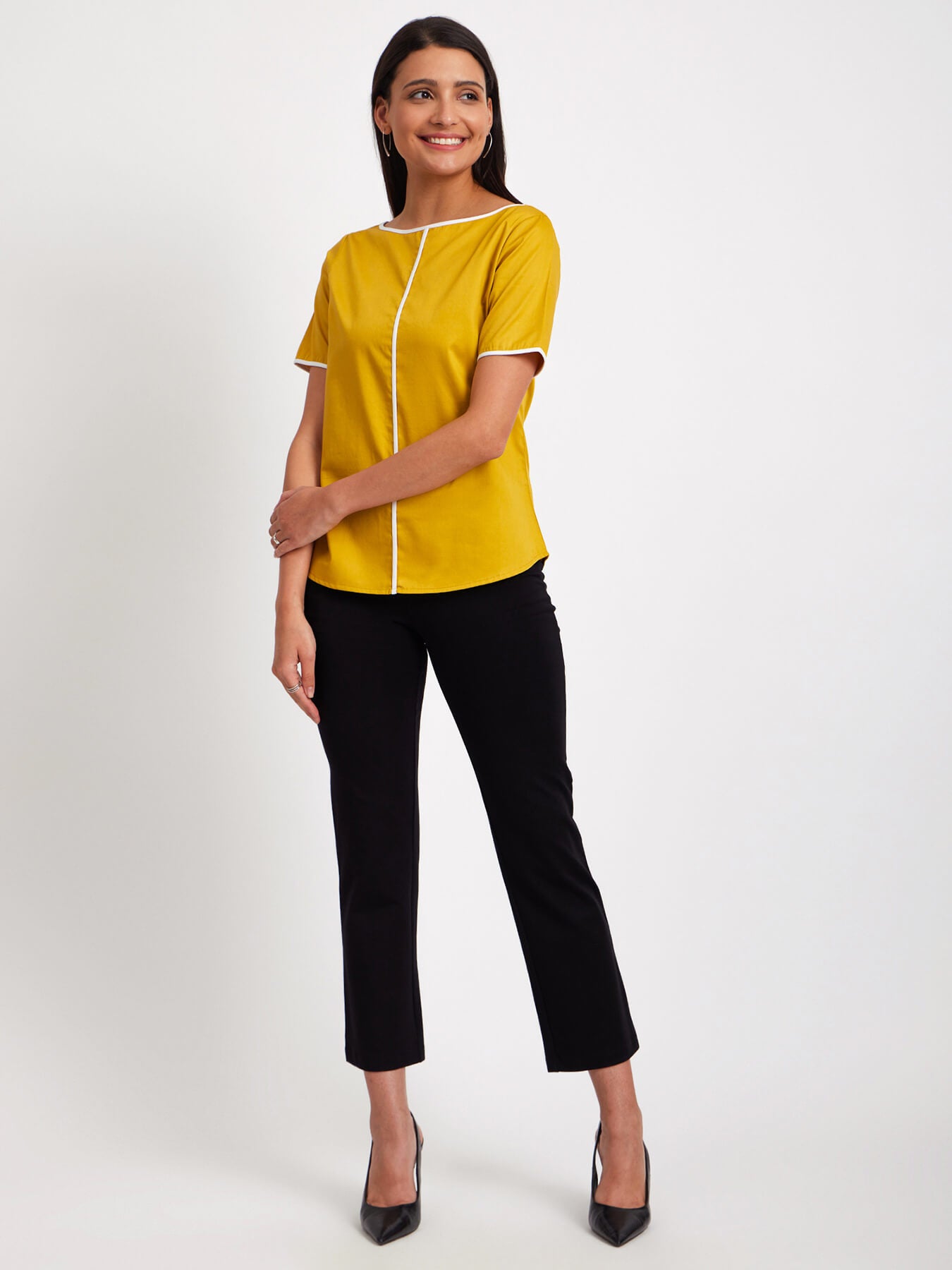 Boat Neck Colour Block Top - Mustard And White