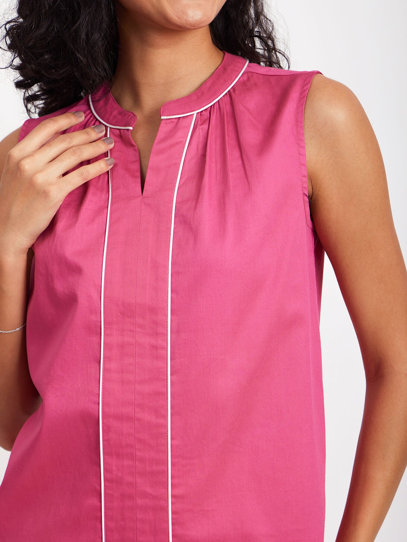 Mandarin Collar Colour Block Top - Pink And White