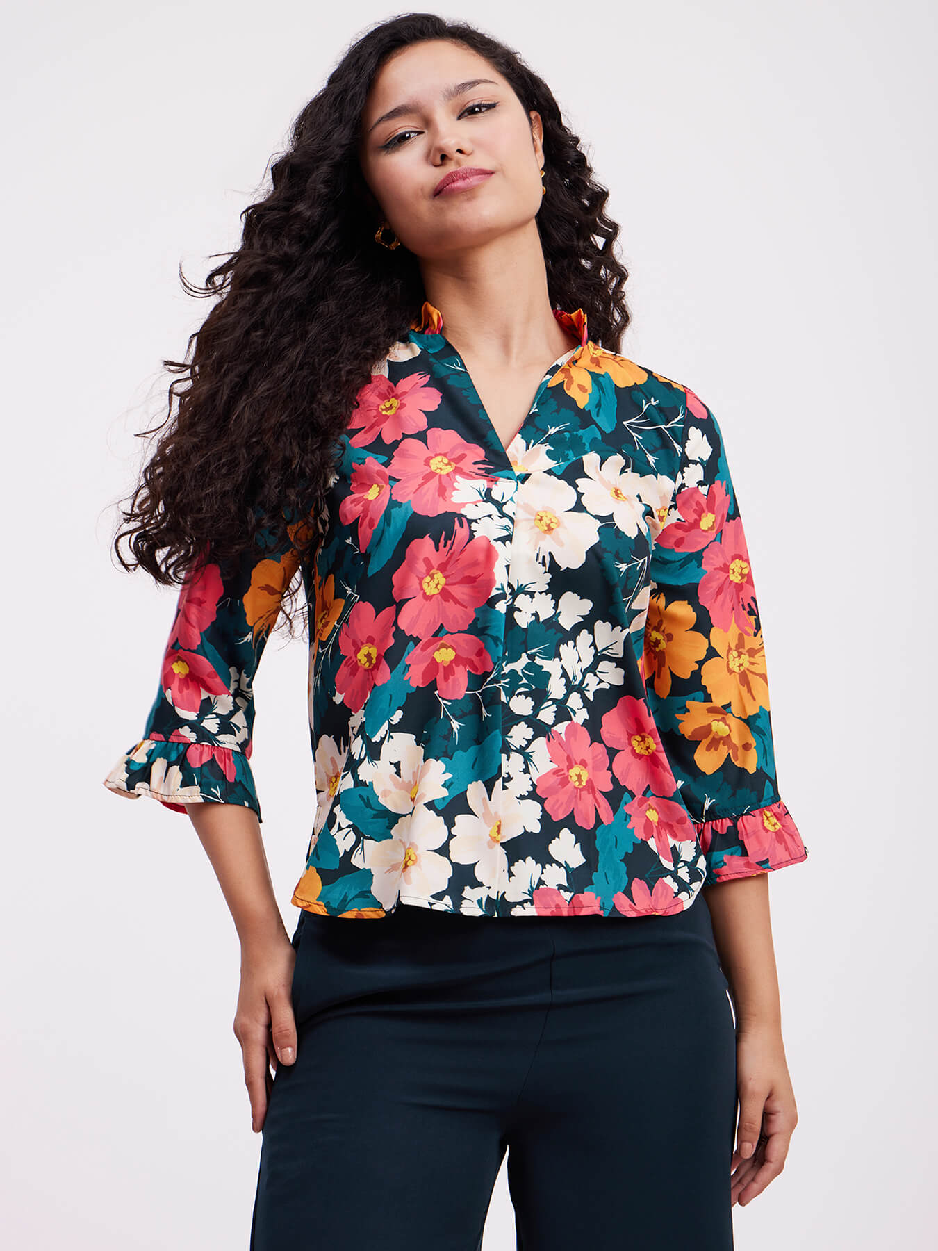Floral Ruffle Detail Top - Multicolour