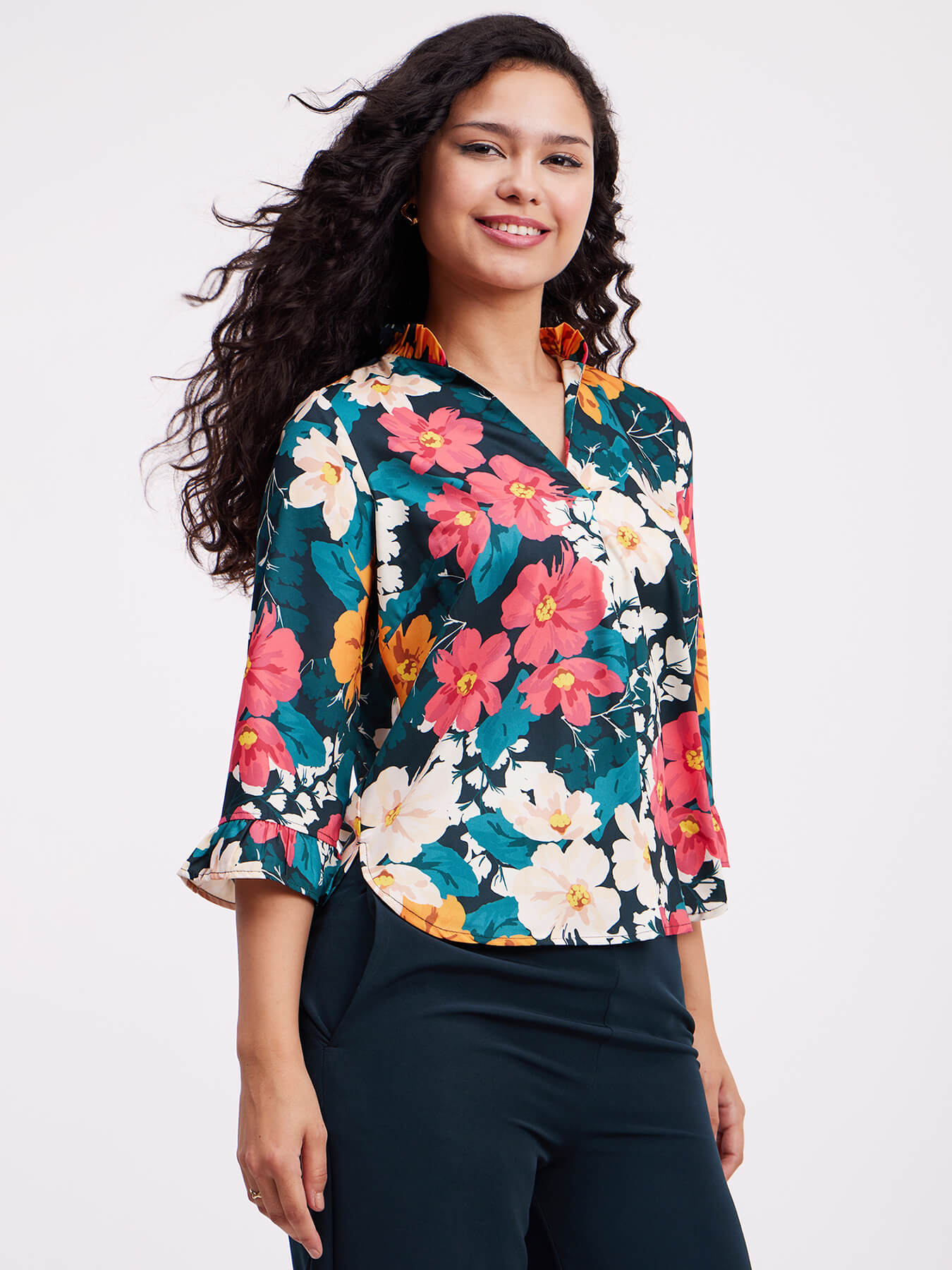 Floral Ruffle Detail Top - Multicolour