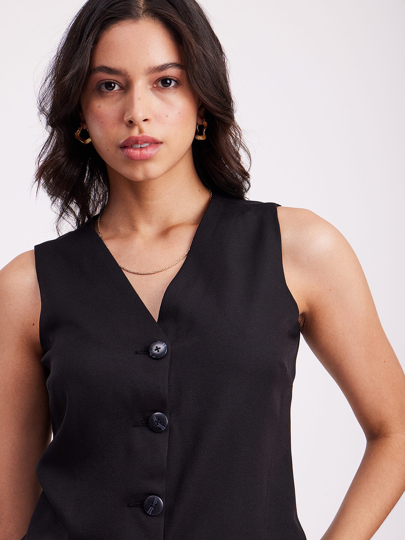 V Neck Buttoned Top - Black