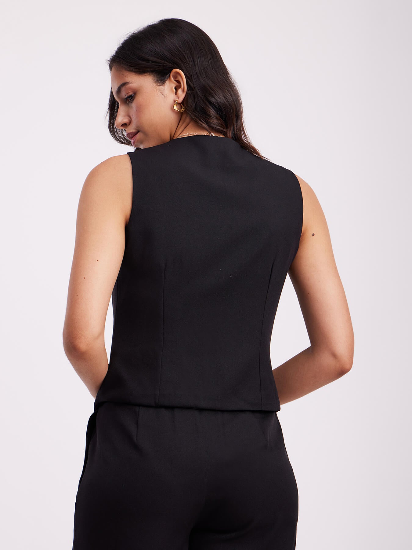 V Neck Buttoned Top - Black