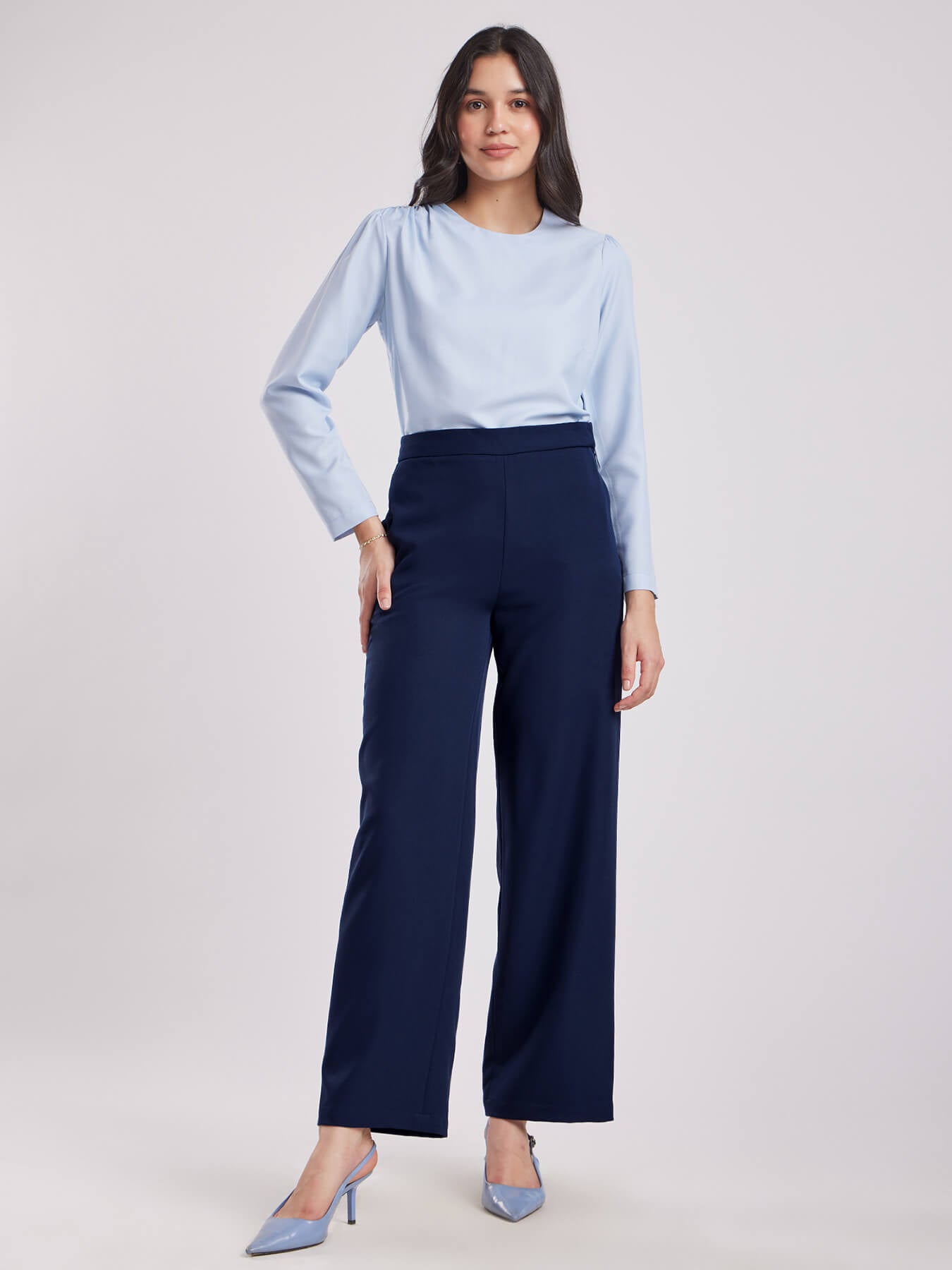 High Waist Wide Leg Trousers - Navy