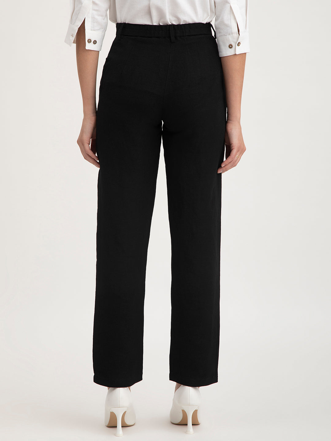 Linen Elasticated Straight Trouser - Black