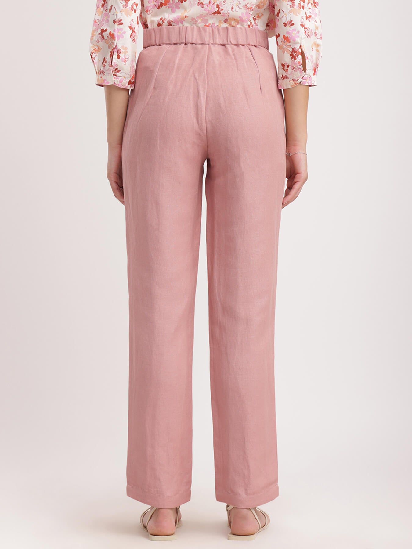Linen Elasticated Straight Fit Pants - Dusty Pink