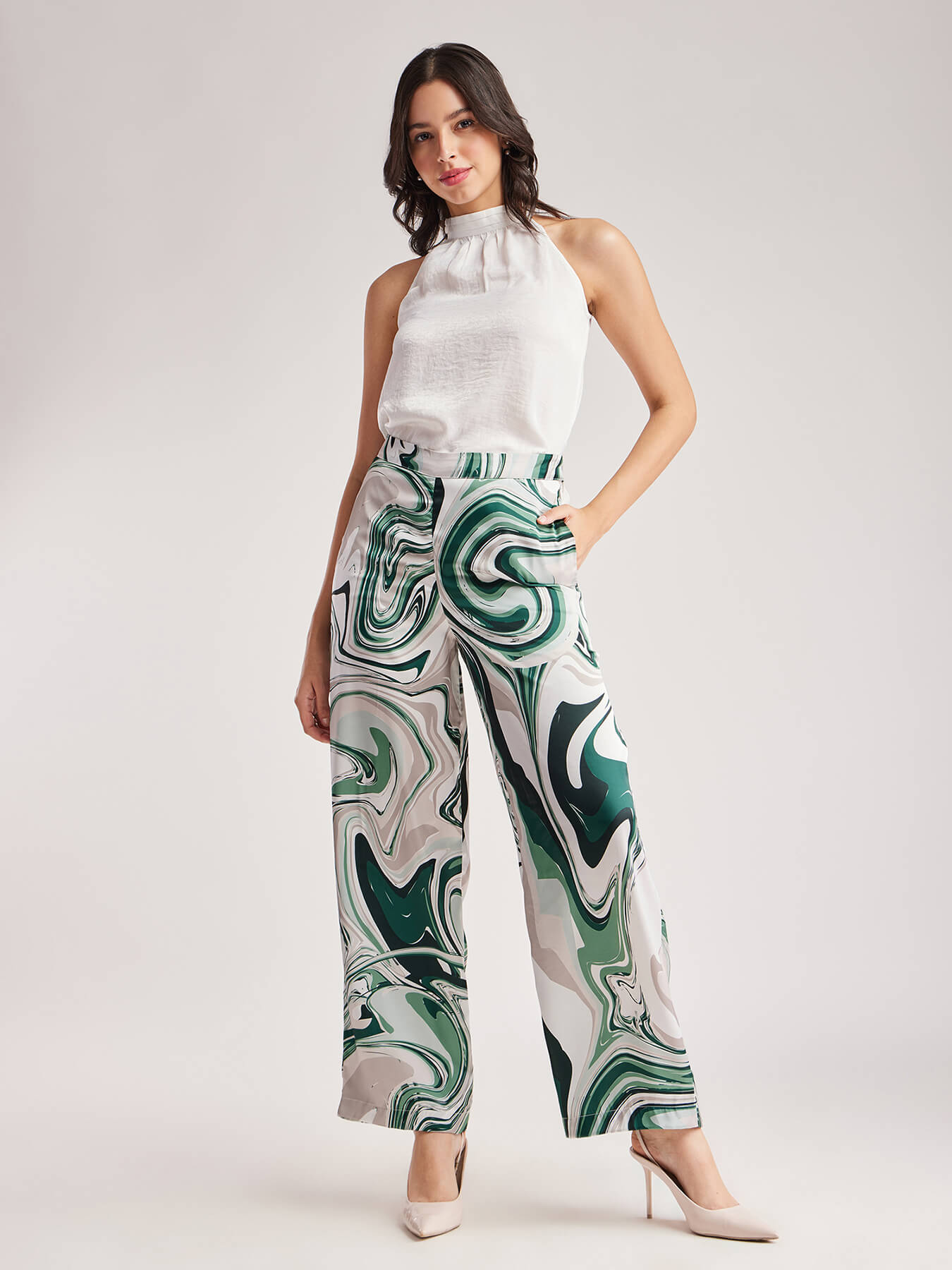 Marble Print Wide Leg Trousers - Green And Grey