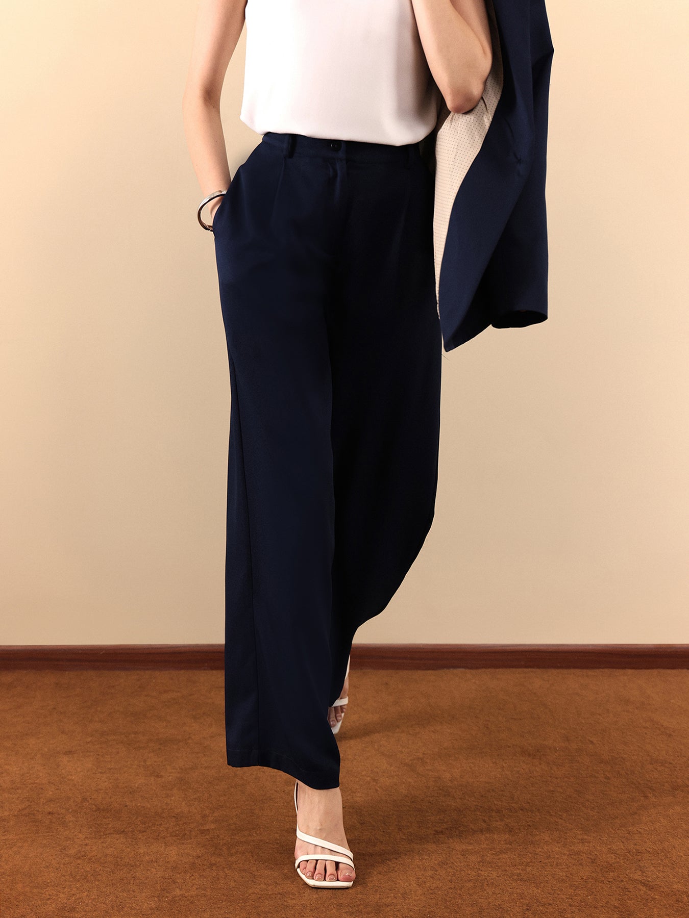 Wide Leg Trousers - Navy Blue