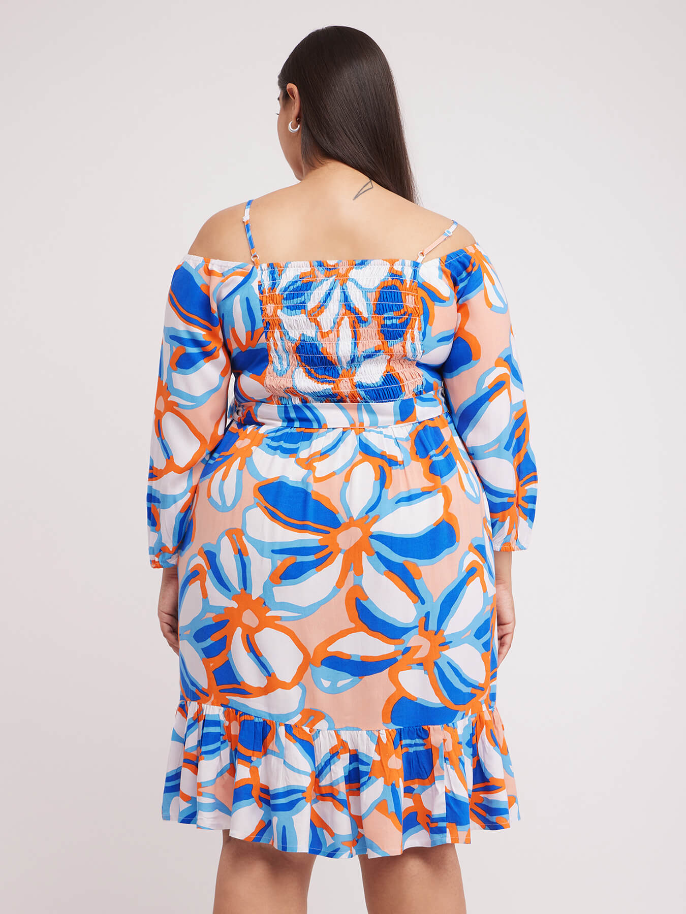 Off Shoulder Floral Dress - White And Blue