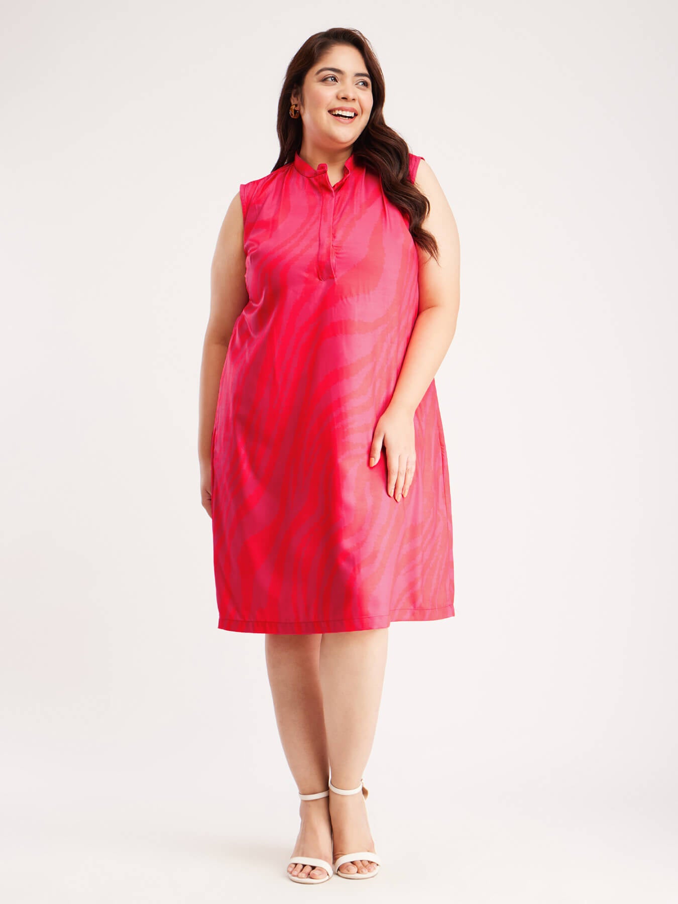 Mandarin Collar Sleeveless Dress - Fuchsia And Orange